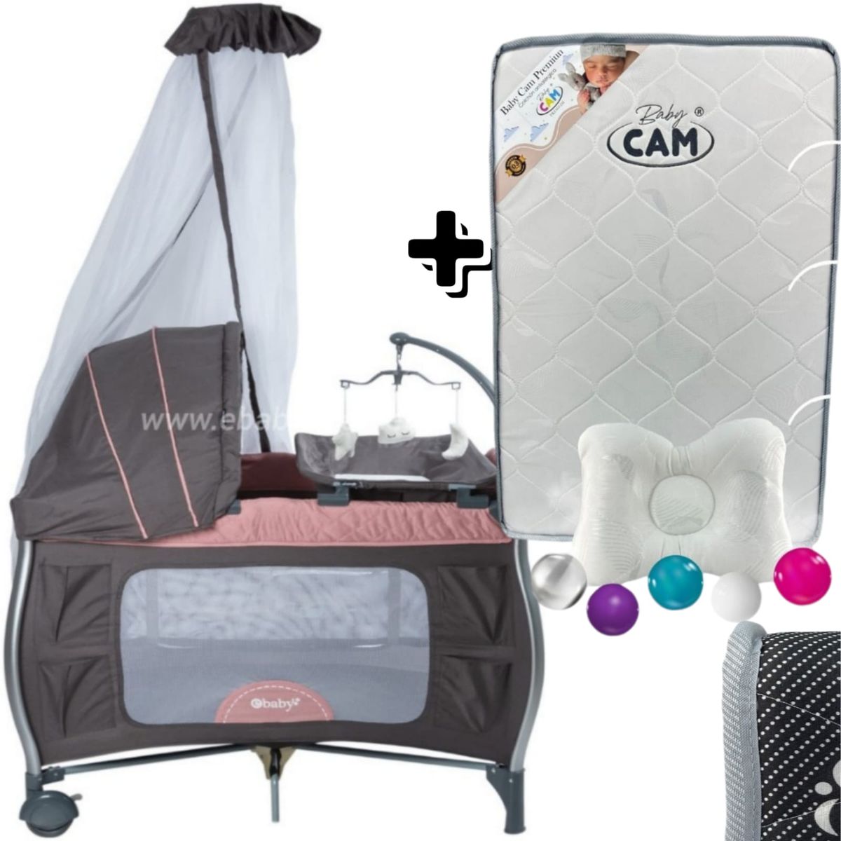 EBABY - Cuna NAPY Corral Mecedora con cambiador + Colchón CAM ROSADO