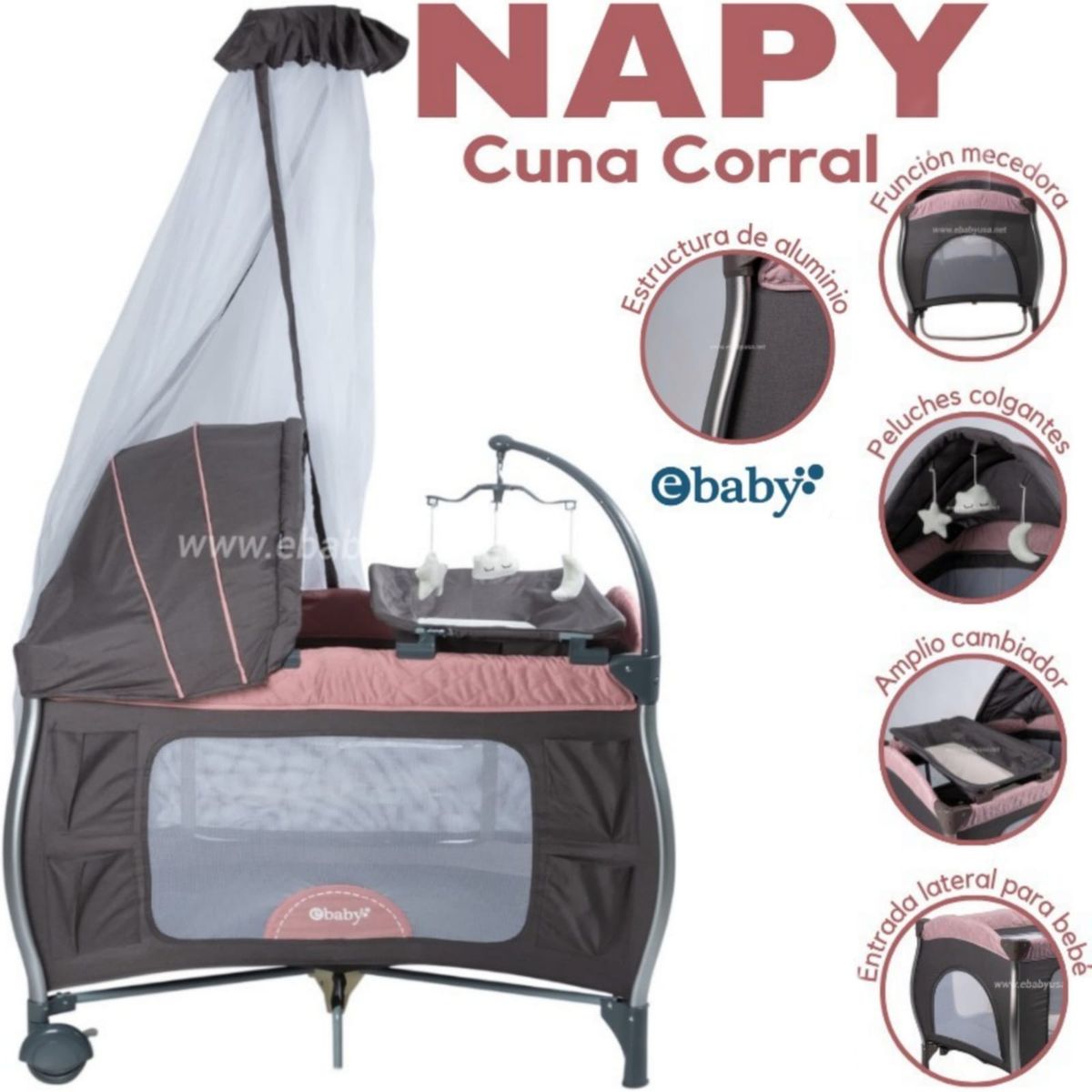 EBABY - Cuna NAPY Corral Mecedora con cambiador + Colchón CAM ROSADO