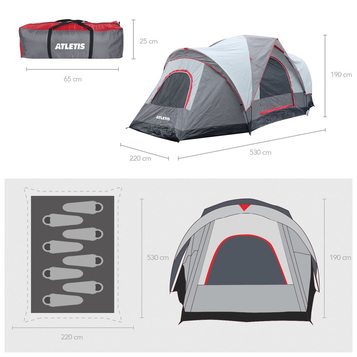 ATLETIS - Carpa 8 Personas Camping Outdoor Gris