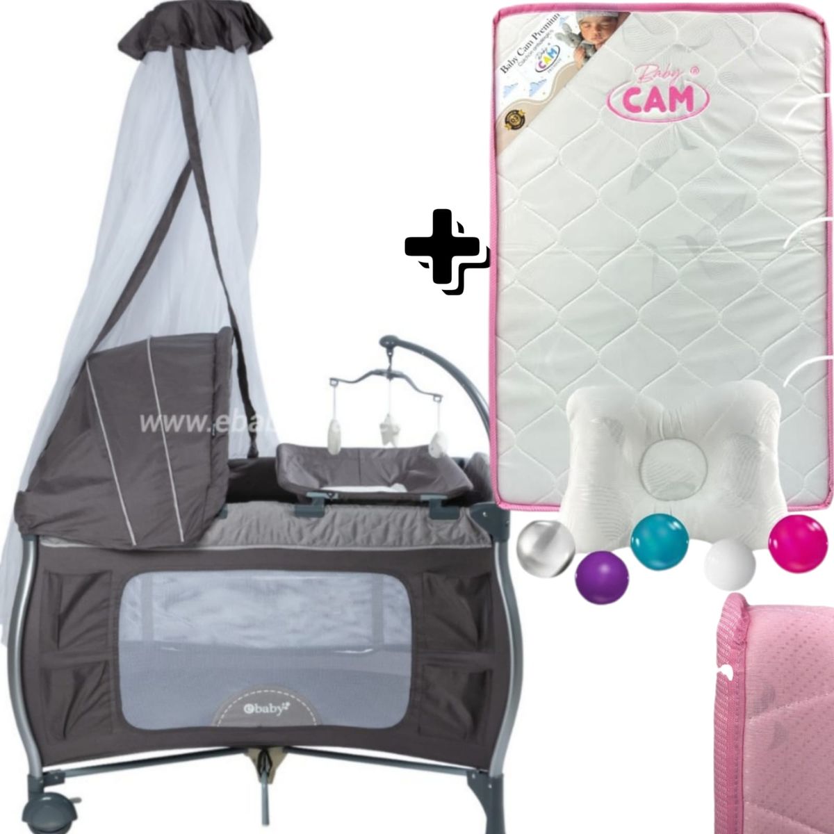 EBABY - Cuna NAPY Corral Mecedora con cambiador + Colchon CAM PLOMO