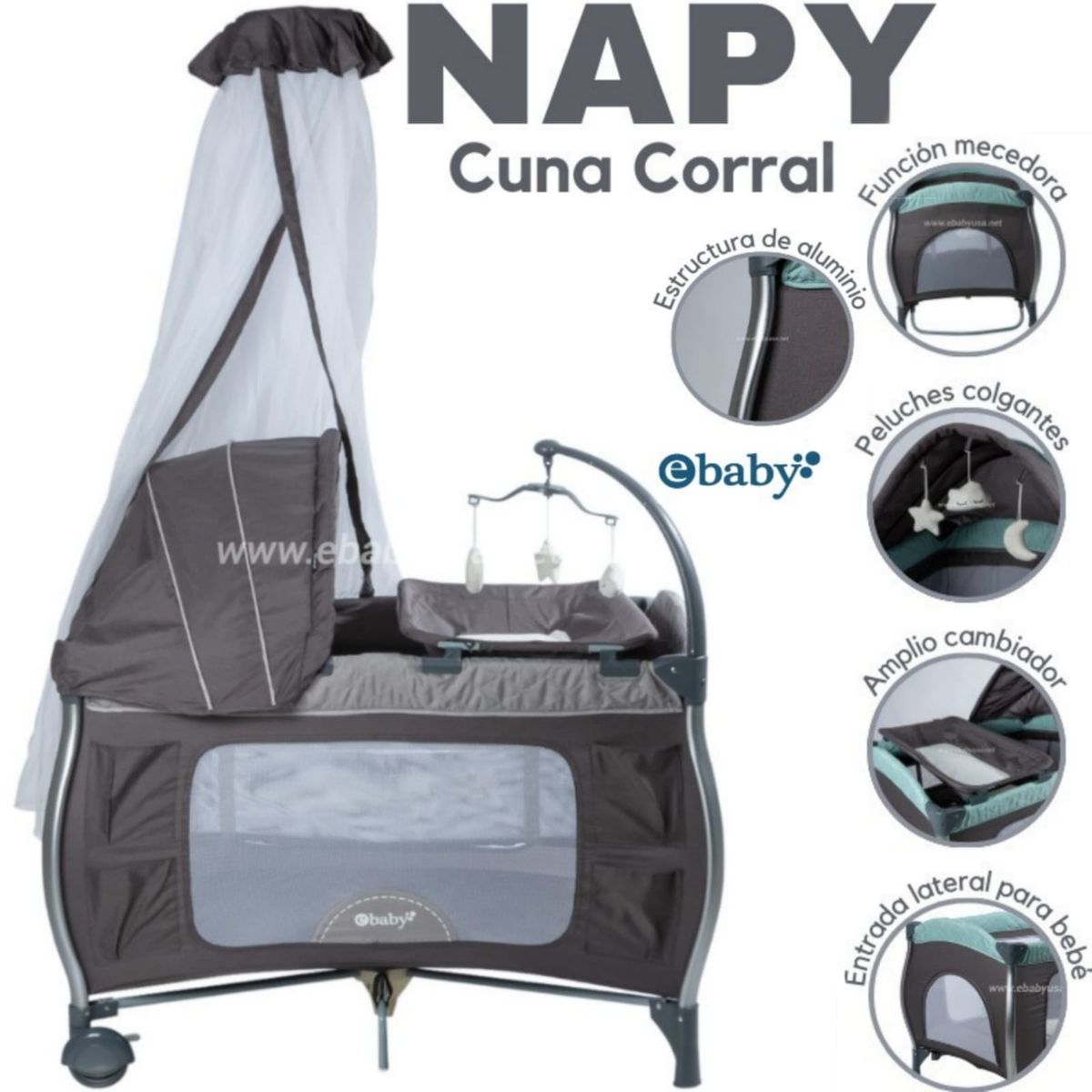 EBABY - Cuna NAPY Corral Mecedora con cambiador + Colchon CAM PLOMO