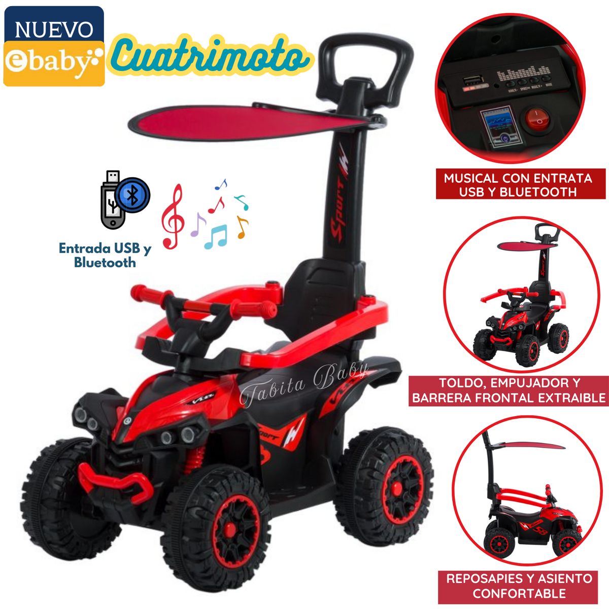 EBABY - Cuatrimoto Musical con Luces y Sombrilla ROJO 357