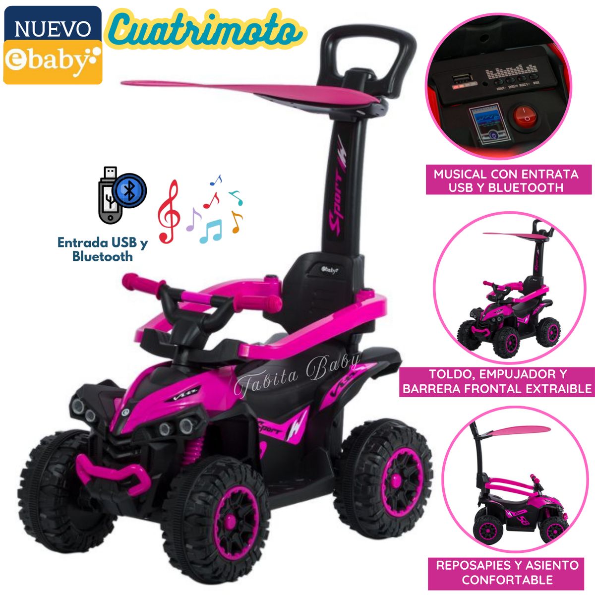 EBABY - Cuatrimoto Musical con Luces y Sombrilla ROSADO 357