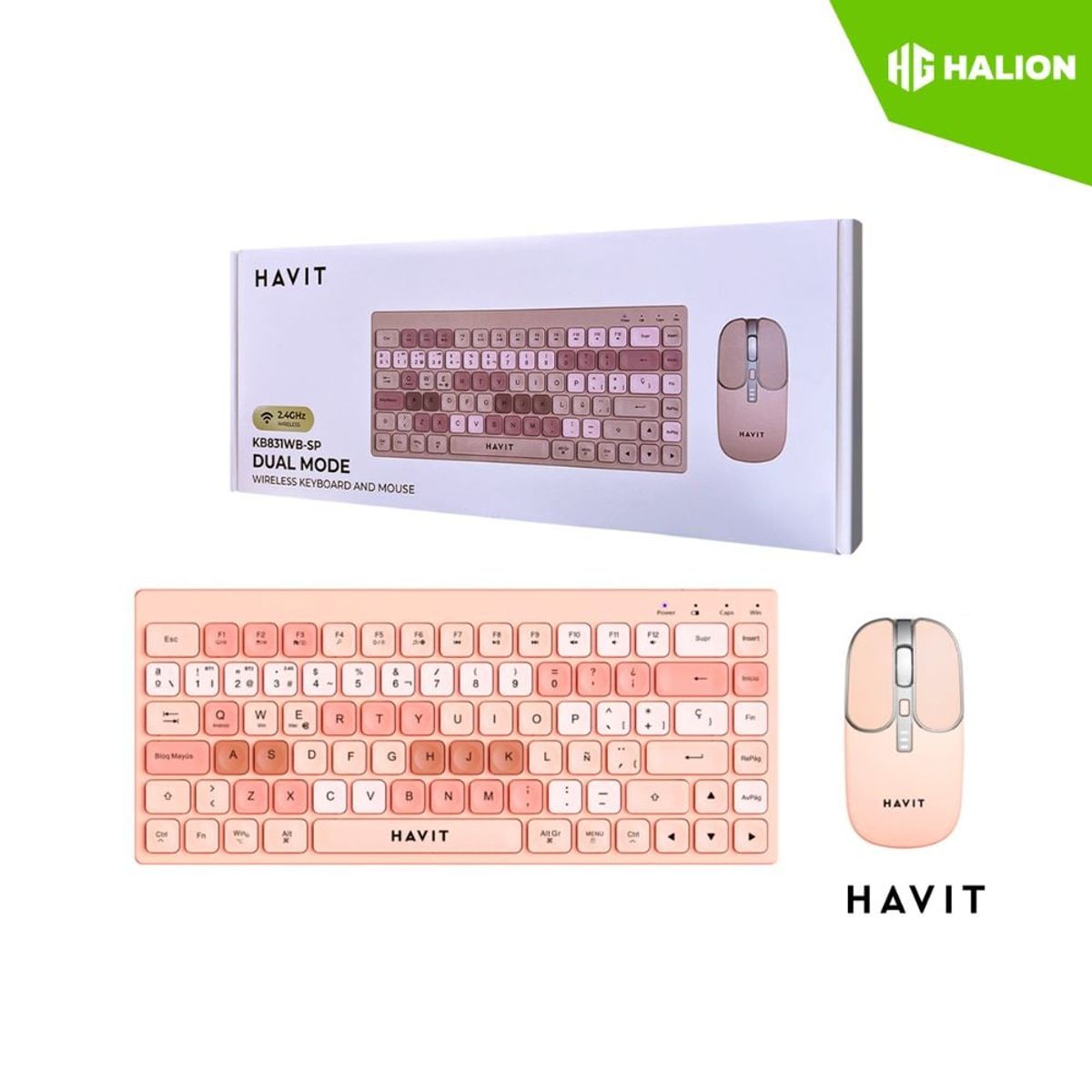 HAVIT - KIT OFFICE HAVIT KB831WB-SP Teclado y Mouse InalámbricoBluetooth Rosa