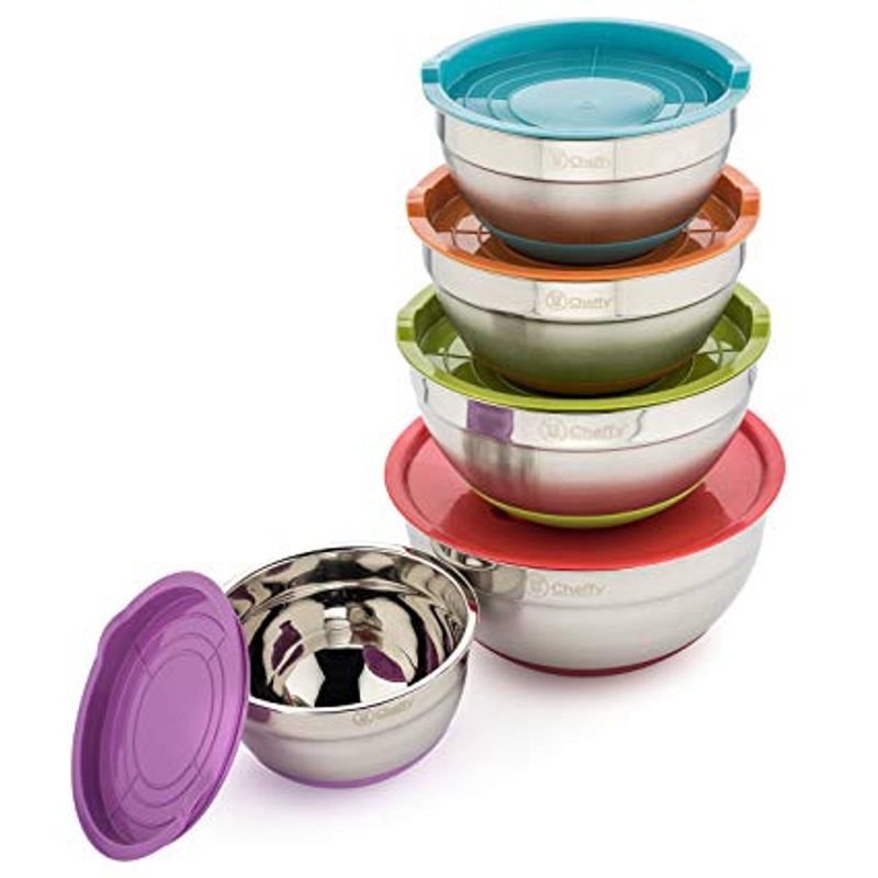 GENERICO - Set de Bowl 5 Piezas de Acero Inoxidable con Tapas de Colores