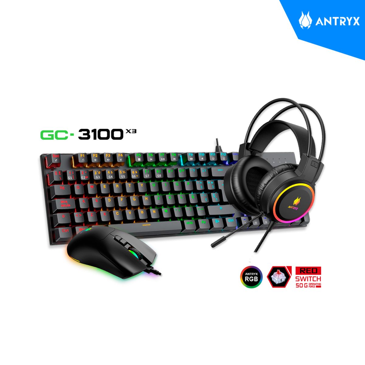 ANTRYX - KIT ANTRYX GAMING AUDIFONO+TECLADO+MOUSE GC-3100 X3 BLACK RED SWITCH