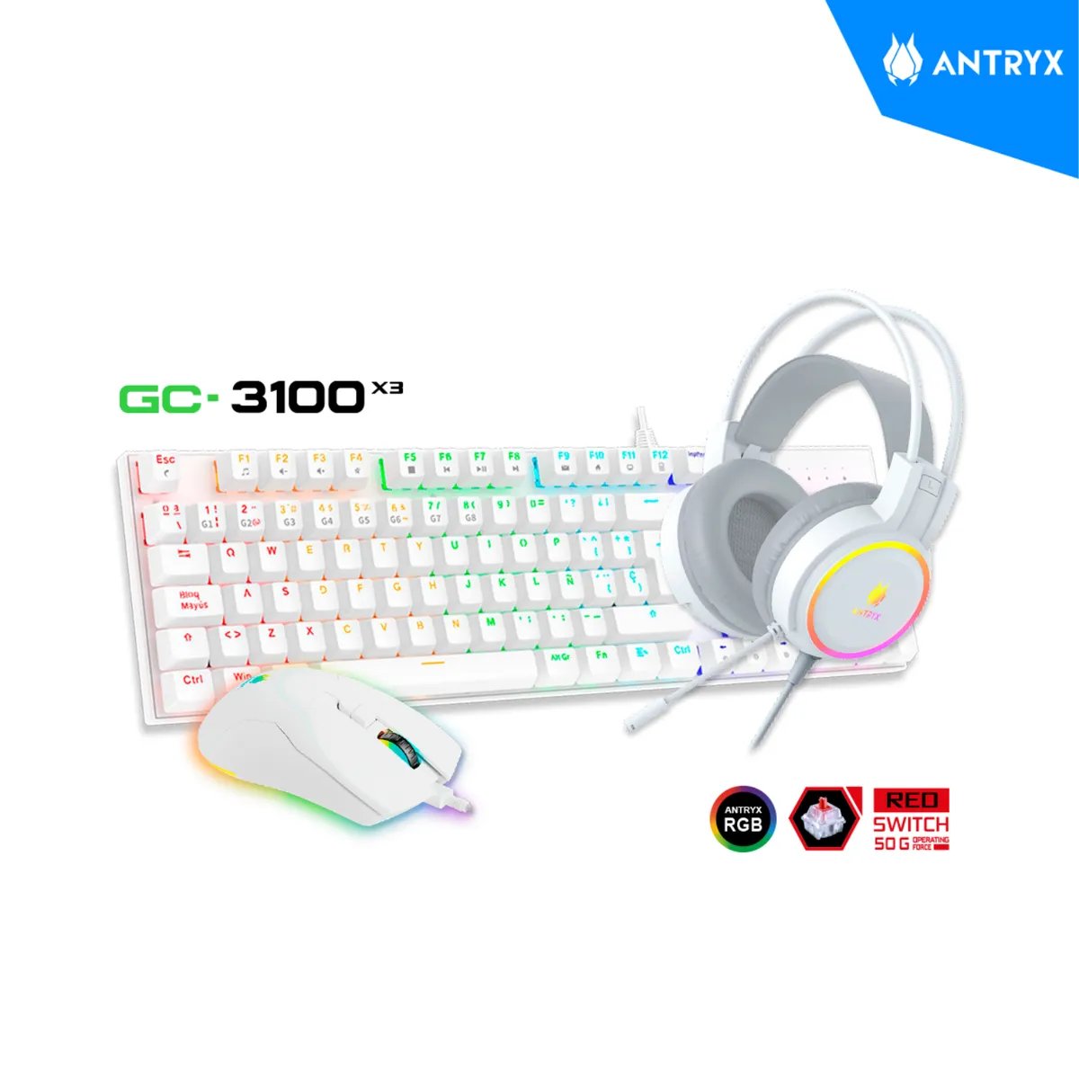 ANTRYX - KIT ANTRYX GAMING AUDIFONO+TECLADO+MOUSE GC-3100 X3 WHITE RED SWITCH