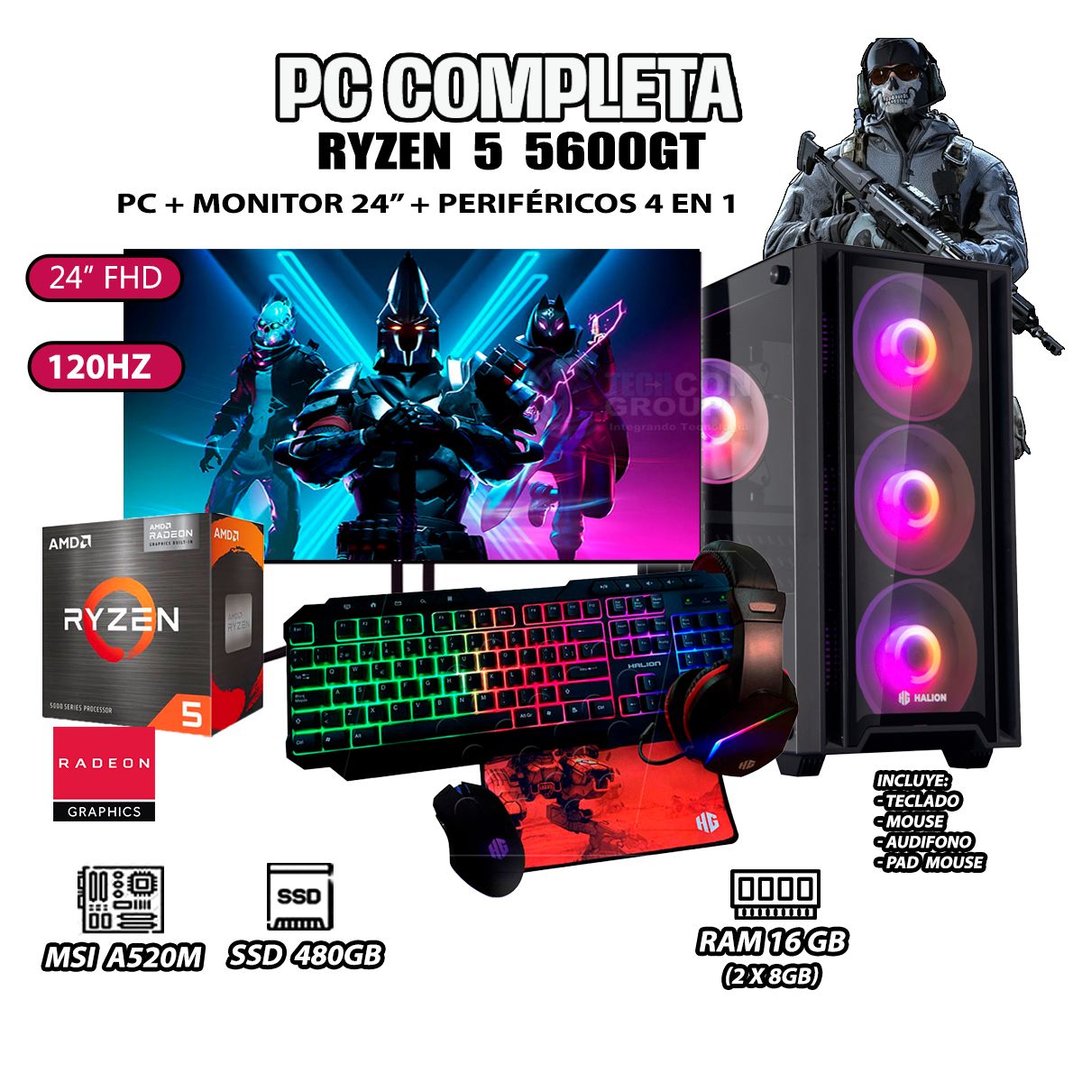 AMD - Computadora Completa Ryzen 5 5600GT RAM 16GB DISCO 500GB SSD MONITOR 24" FHD