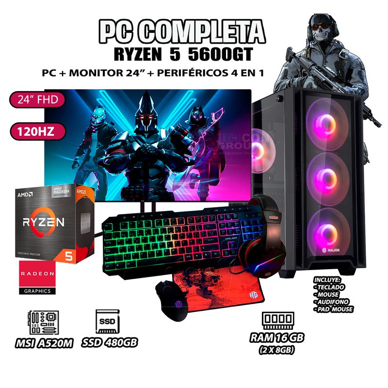 AMD - Computadora Completa Ryzen 5 5600GT RAM 16GB DISCO 500GB SSD MONITOR 24" FHD