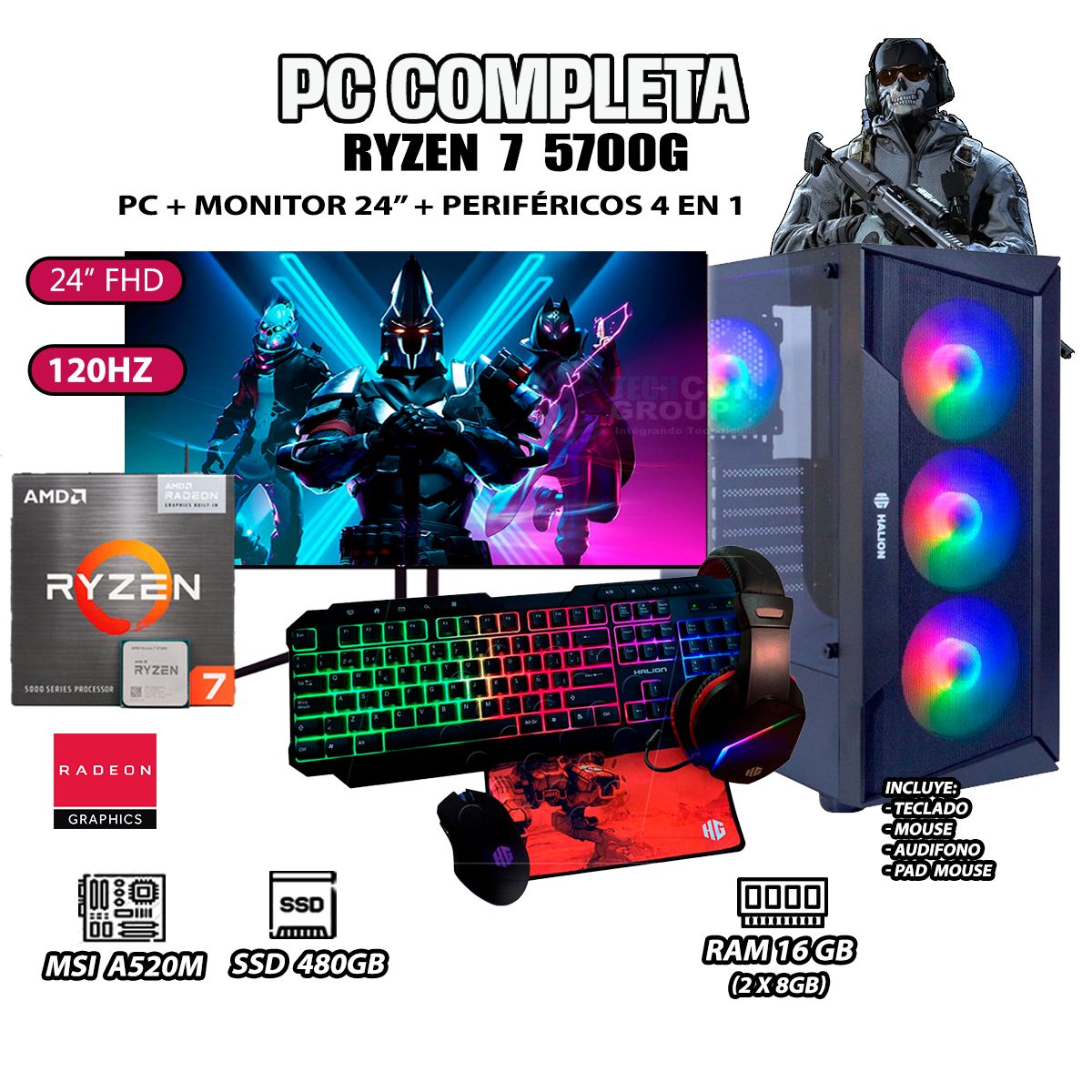 AMD - Computadora Completa Ryzen 7 5700G RAM 16GB DISCO SSD 500GB MONITOR 24" FHD