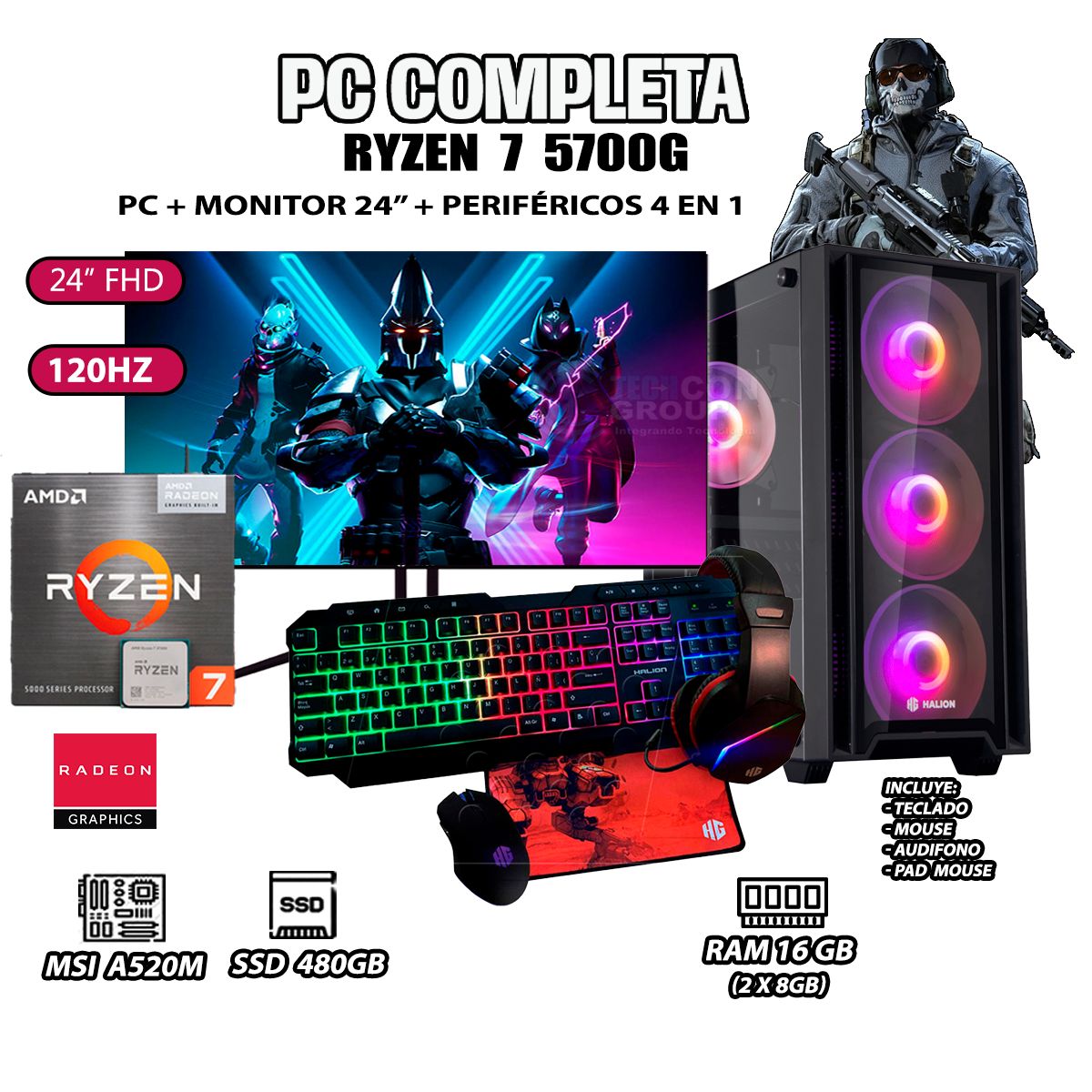 AMD - Computadora Completa Ryzen 7 5700G RAM 16GB DISCO SSD 500GB MONITOR 24" FHD