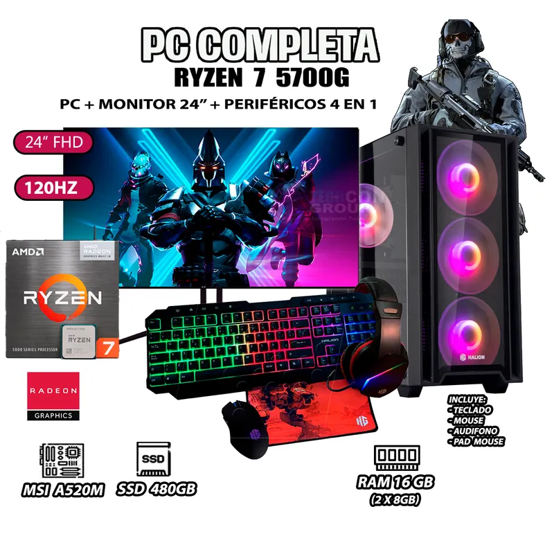 AMD - Computadora Completa Ryzen 7 5700G RAM 16GB DISCO SSD 500GB MONITOR 24" FHD