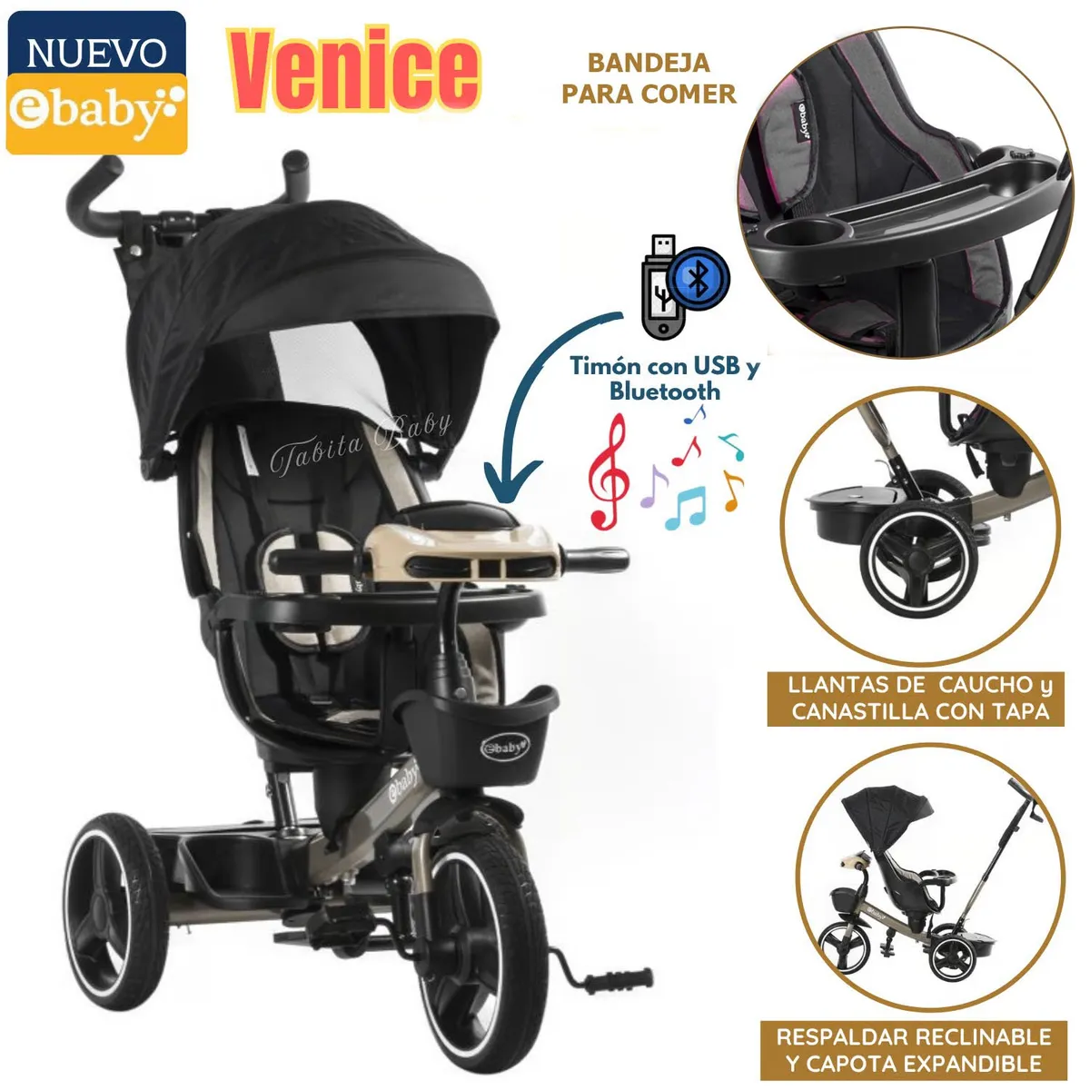 EBABY - Triciclo Guiador para Niños Usb y Bluetooh Venice Negro
