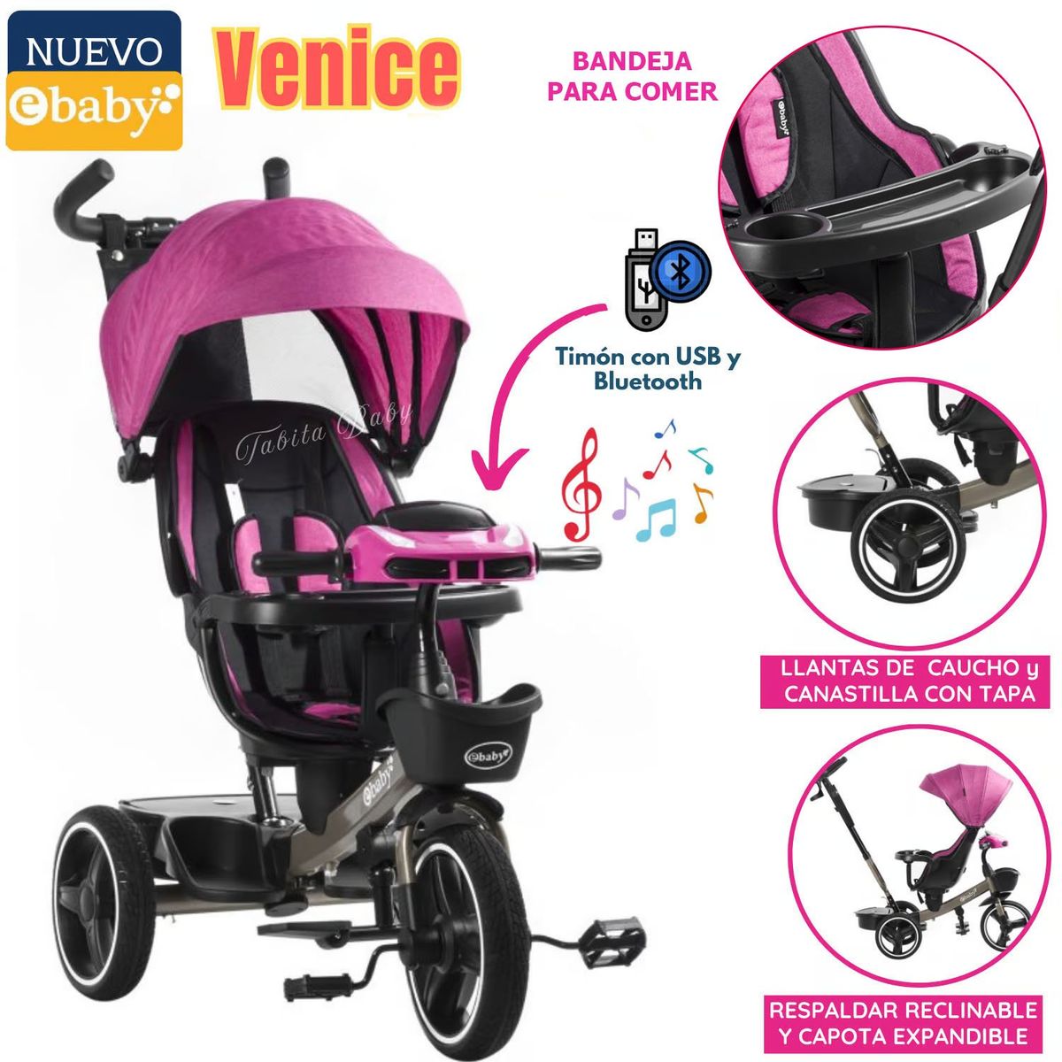 EBABY - Triciclo Guiador para Niños Usb y Bluetooh Venice Rosado