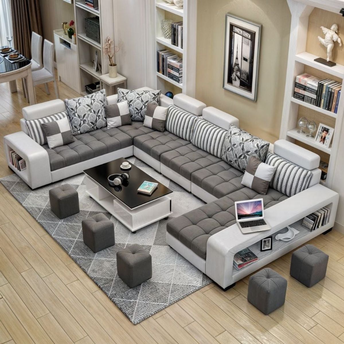 GENERICO - Sofá Modular Catanzaro 6 piezas + Puff - Gris y Negros