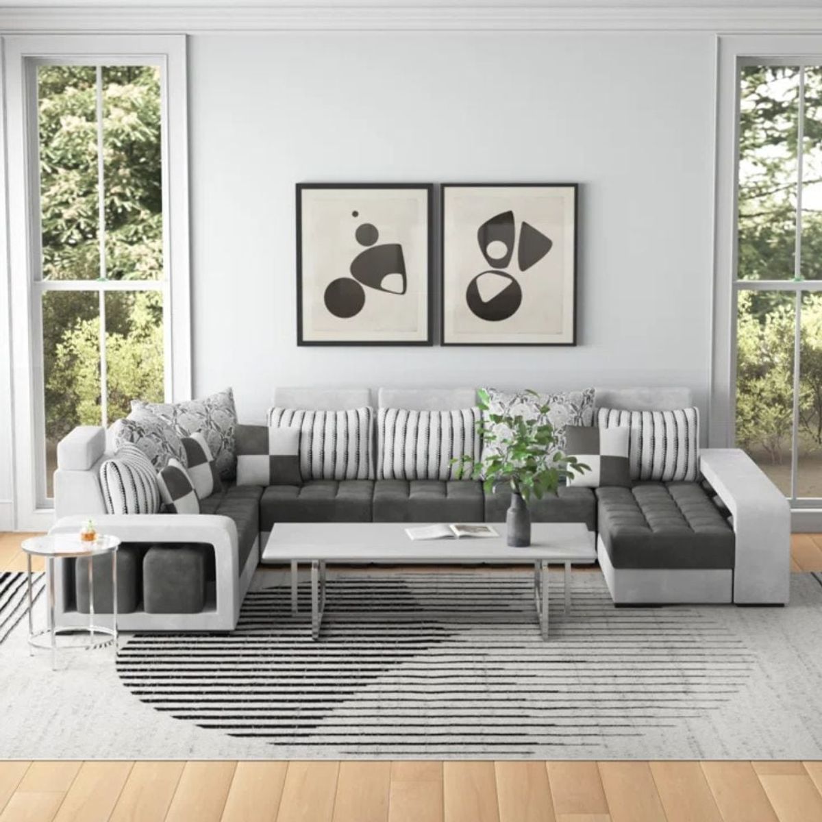 GENERICO - Sofá Modular Catanzaro 6 piezas + Puff - Gris y Negros