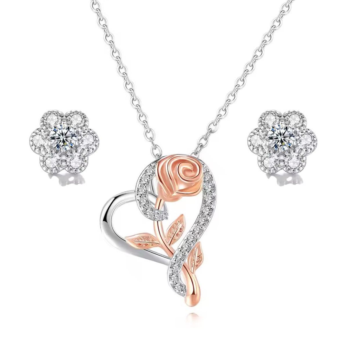 LA TIENDA 88 JOYAS Y ACCESORIOS - La Tienda 88 - Set Collar y Arete Mujer Flor Amor - Blanco