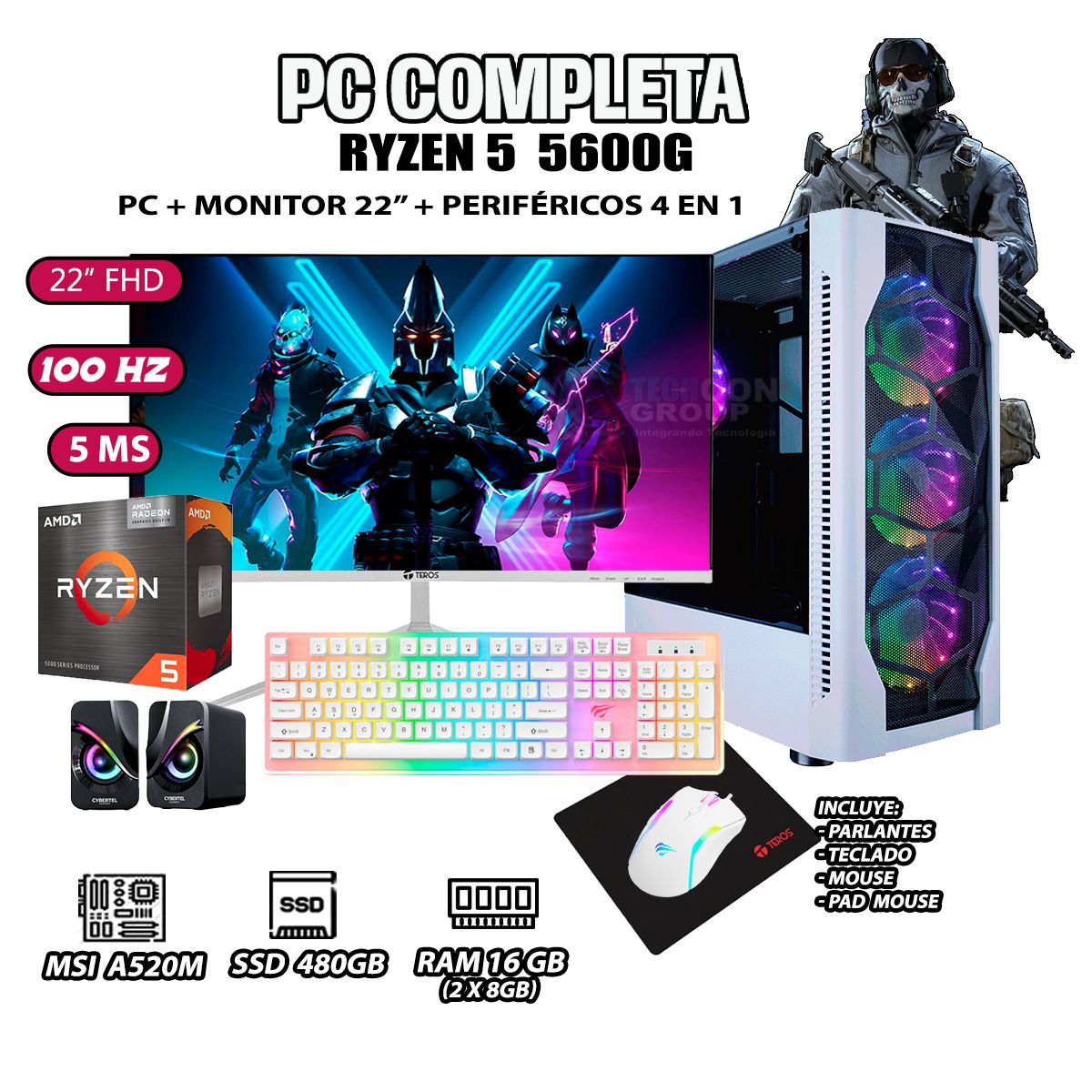 AMD - Computadora Completa Ryzen 5 5600GT RAM 16GB DISCO 500GB SSD MONITOR 22" FHD