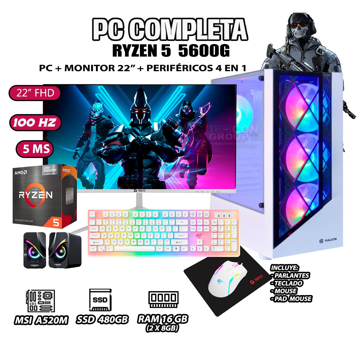 AMD - Computadora Completa Ryzen 5 5600GT RAM 16GB DISCO SSD 500GB MONITOR 22" FHD