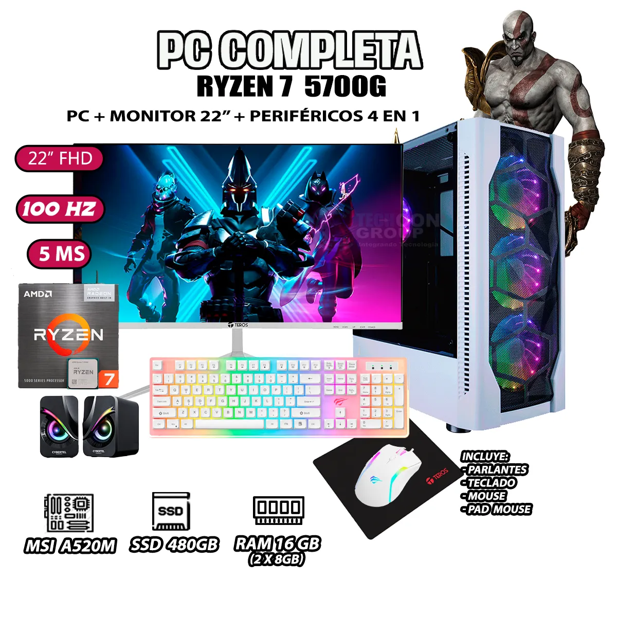 AMD - Computadora Completa Ryzen 7 5700G RAM 16GB DISCO SSD 500GB MONITOR 22" FHD