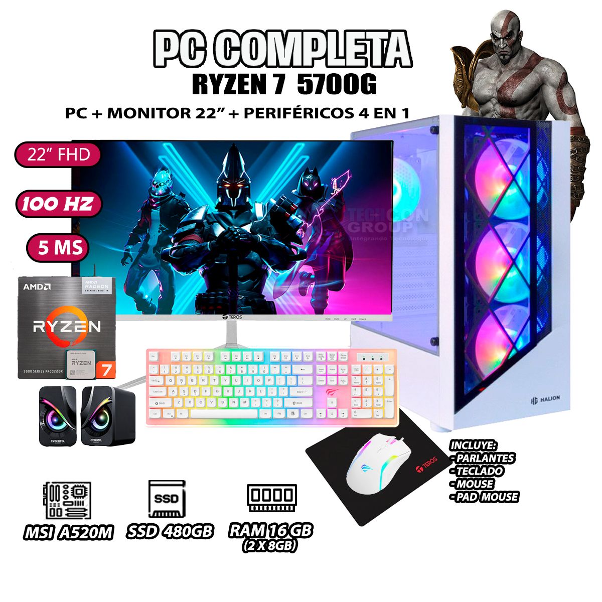 AMD - Computadora Completa Ryzen 7 5700G RAM 16GB DISCO SSD 500GB MONITOR 22" FHD