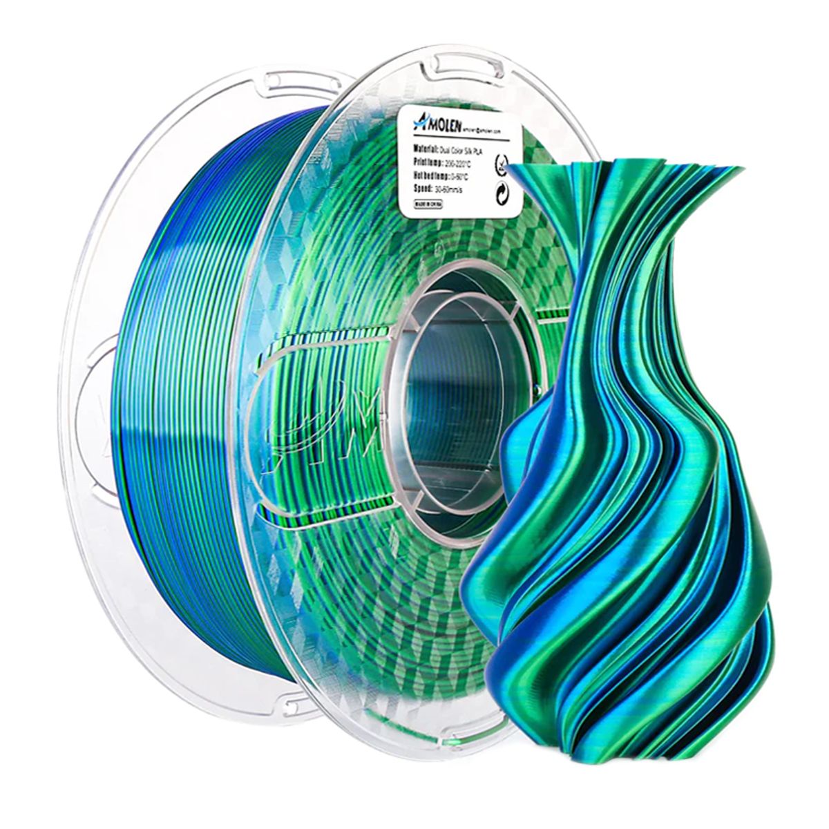 AMOLEN - Filamento Bicolor Seda PLA para impresora 3D color Azul con Verde