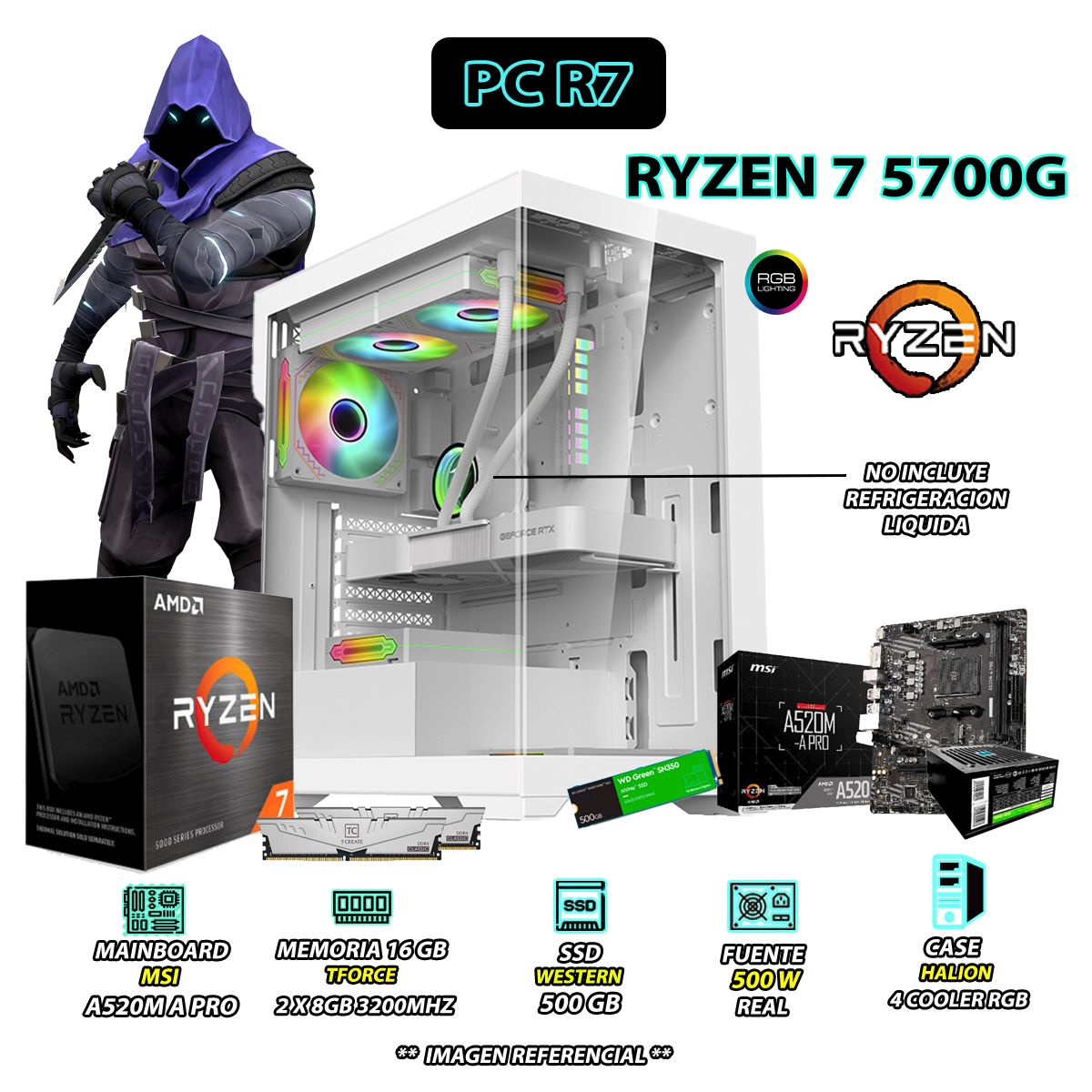 AMD - Computadora PC Ryzen 7 5700G RAM 16GB SSD 500GB CON GRAFICOS AMD RADEON