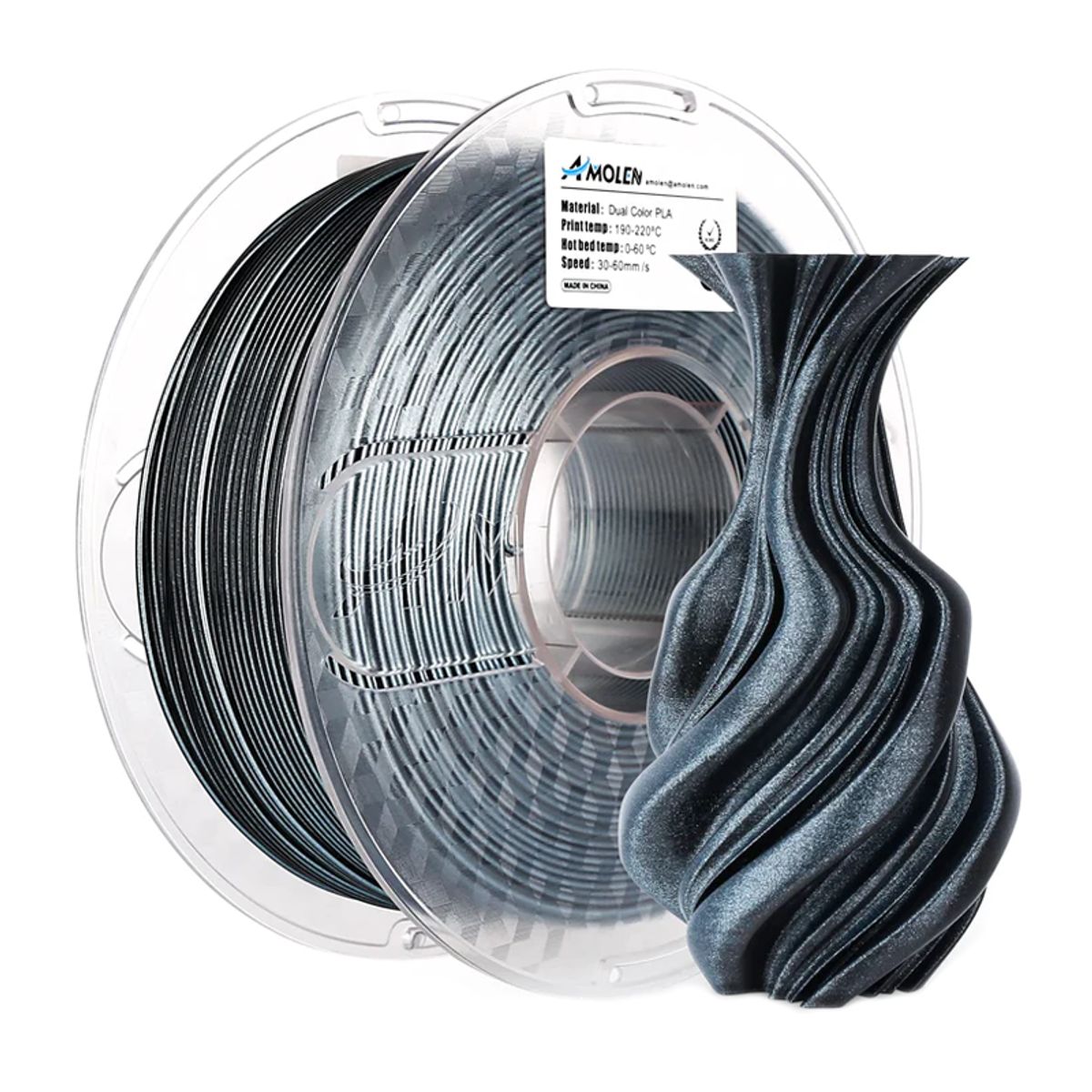 AMOLEN - Filamento Bicolor Seda PLA para impresora 3D color Negro con Plateado