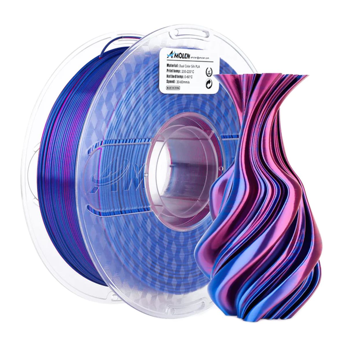 AMOLEN - Filamento Bicolor Silk PLA para impresora 3D color Rojo con Azul