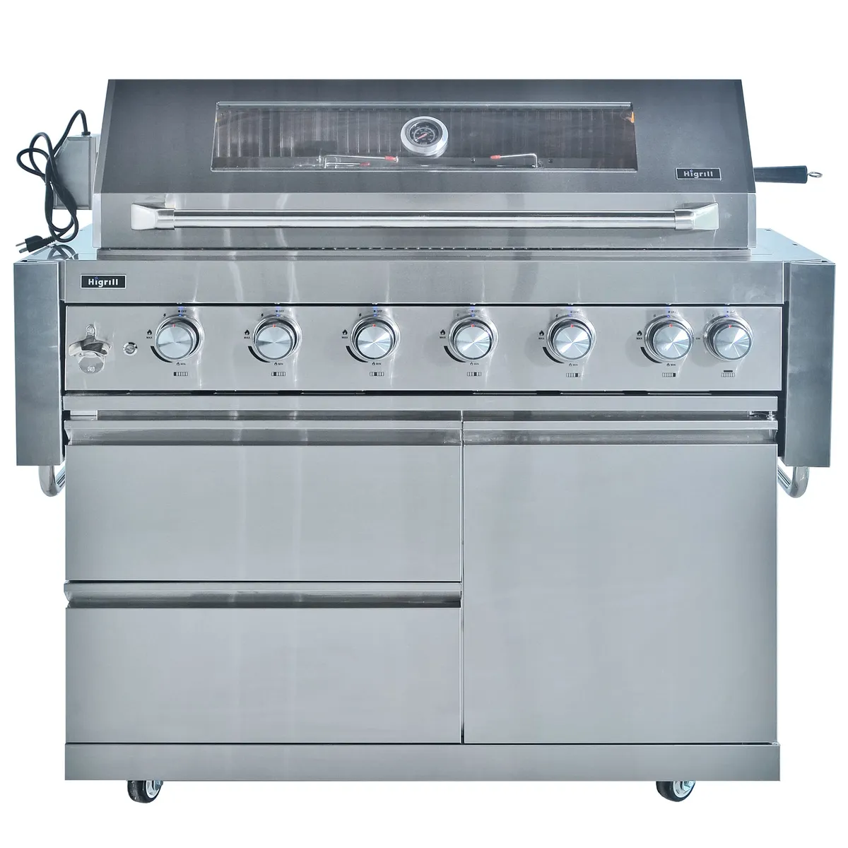 HIGRILL - Parrilla a Gas Multicocción 7 Quemadores con Gabinete y Rostizador