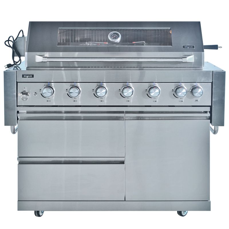 HIGRILL - Parrilla a Gas Multicocción 7 Quemadores con Gabinete y Rostizador