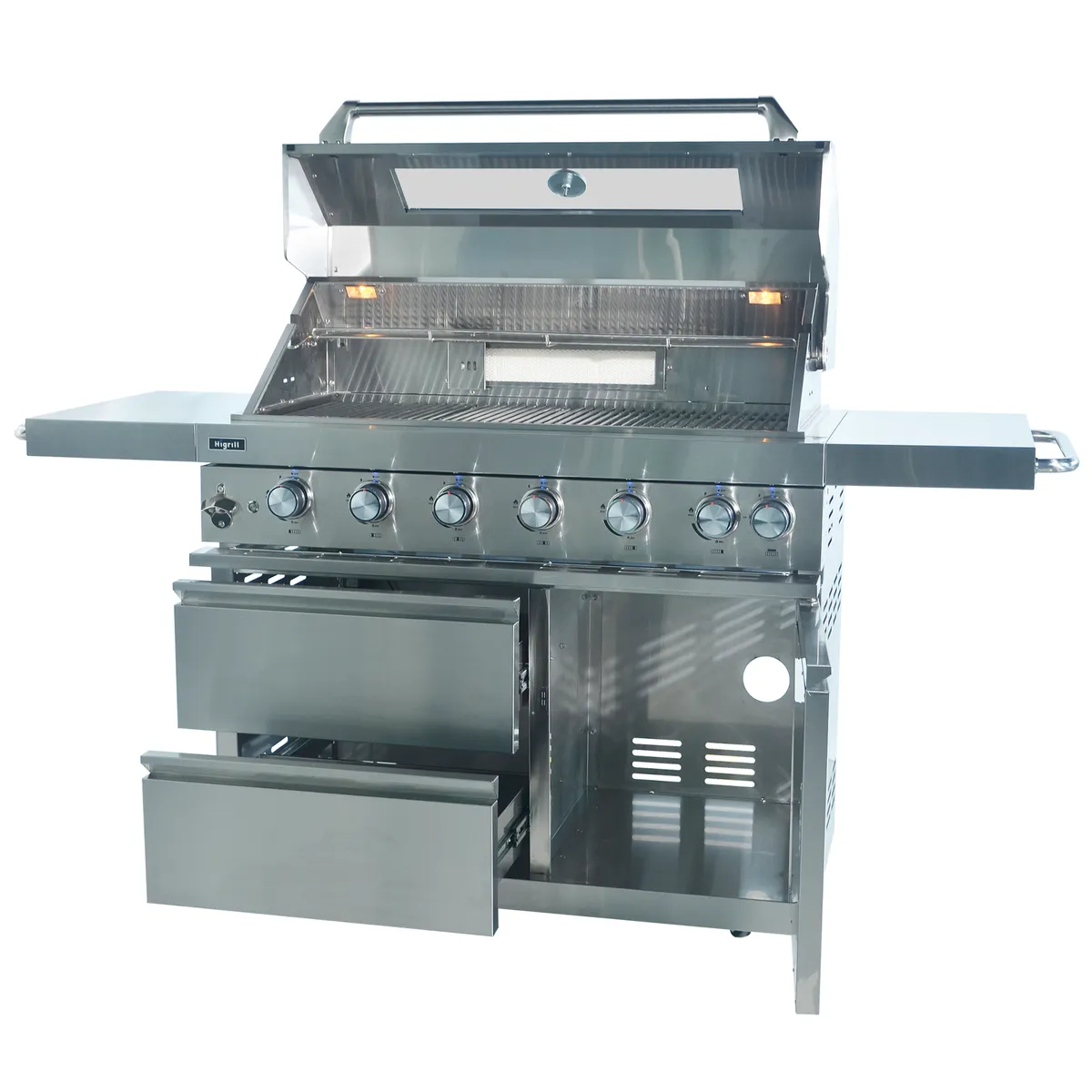 HIGRILL - Parrilla a Gas Multicocción 7 Quemadores con Gabinete y Rostizador