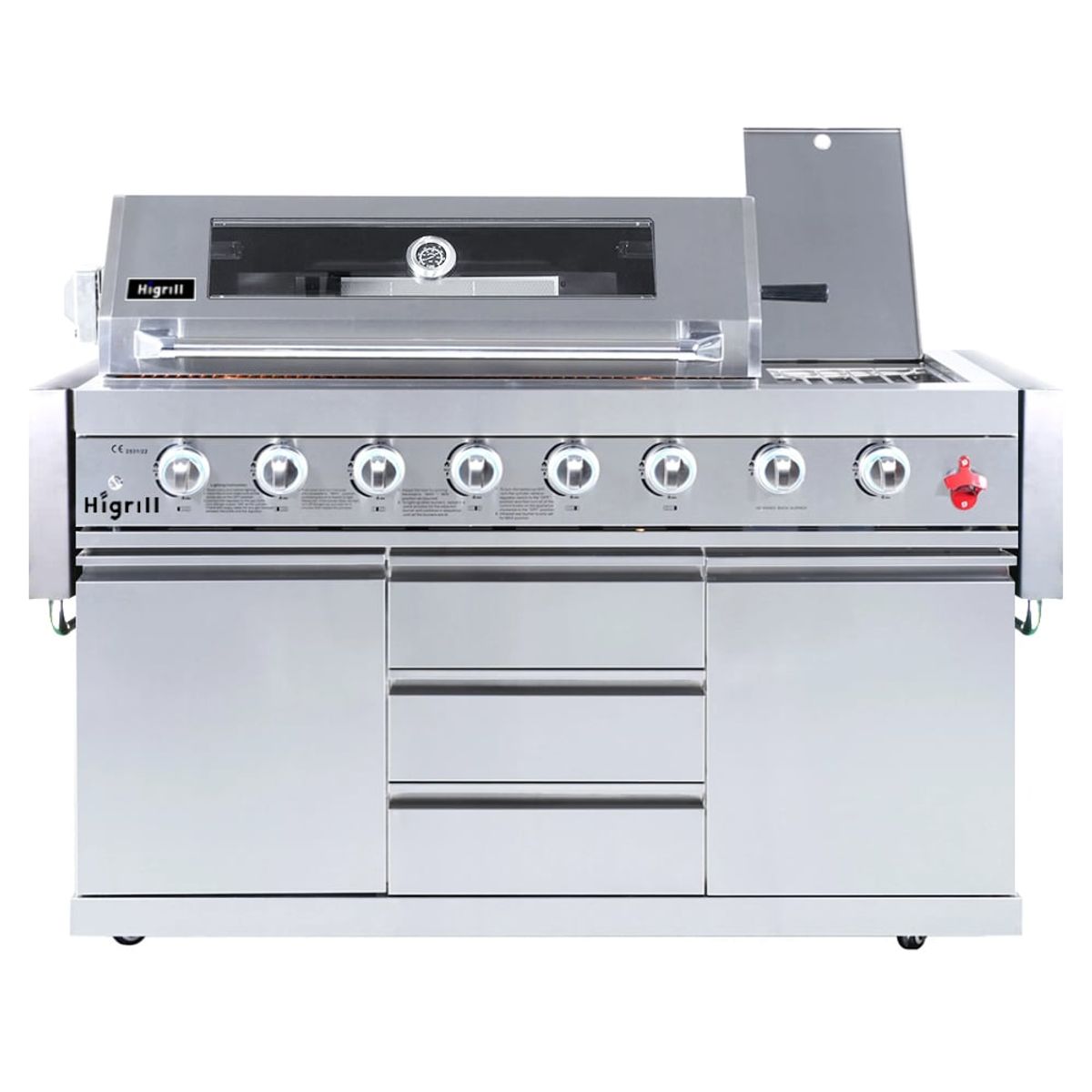 HIGRILL - Parrilla a Gas y Carbón de 8 Quemadores con Sellador de Carnes