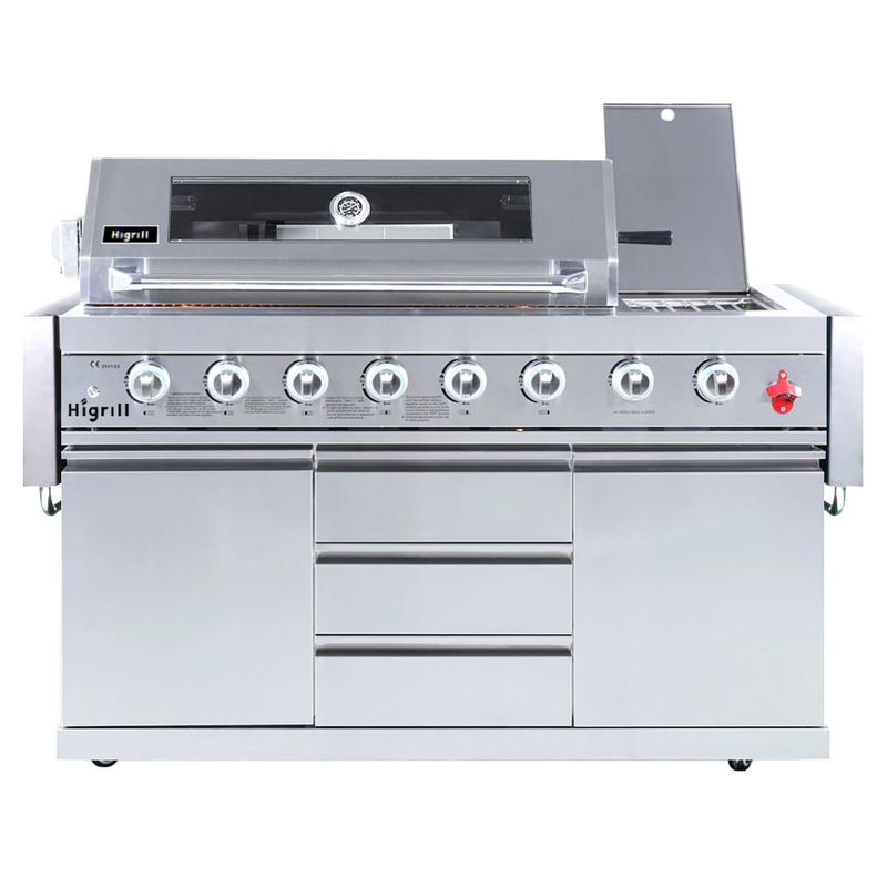 HIGRILL - Parrilla a Gas de 8 Quemadores con Sellador de Carnes y Rostizador