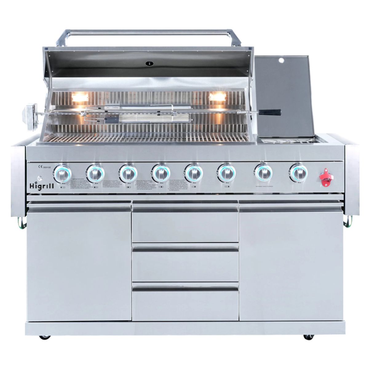 HIGRILL - Parrilla a Gas y Carbón de 8 Quemadores con Sellador de Carnes