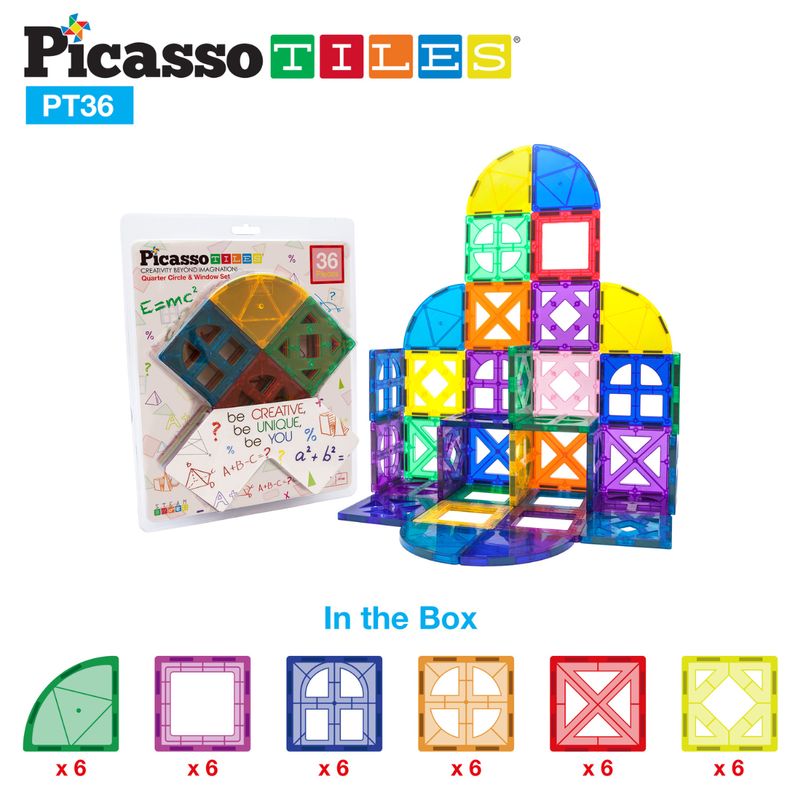 PICASSO TILES - Juego de Bloques Magnéticos con ventanas y semi circulos de 36 piezas