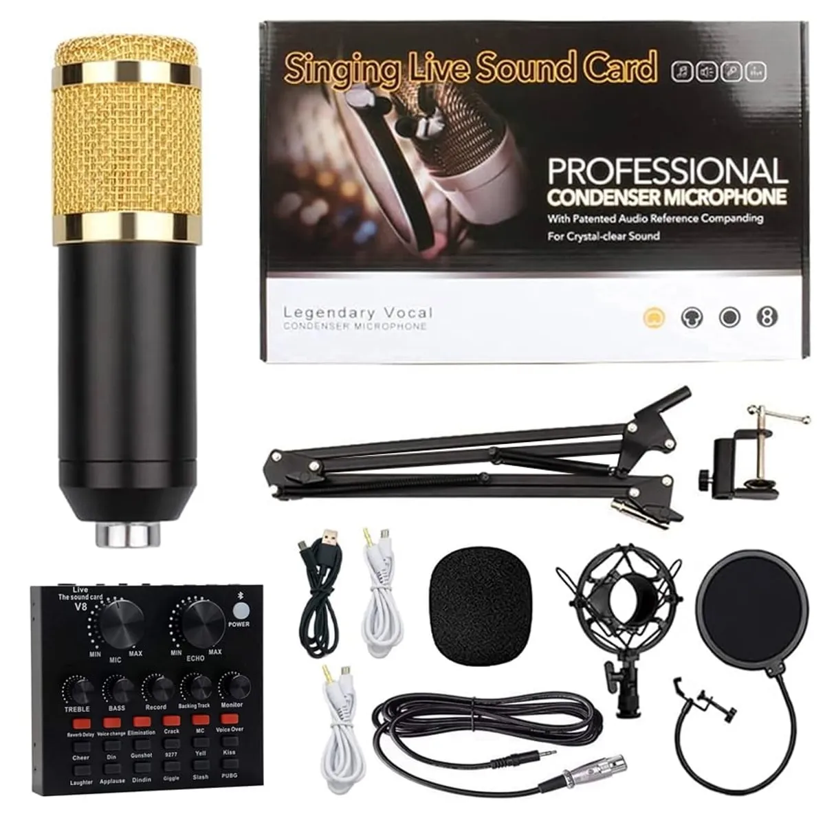 OEM - Kit Micrófono de estudio BM 800 Dorado más interfaz de audio V8
