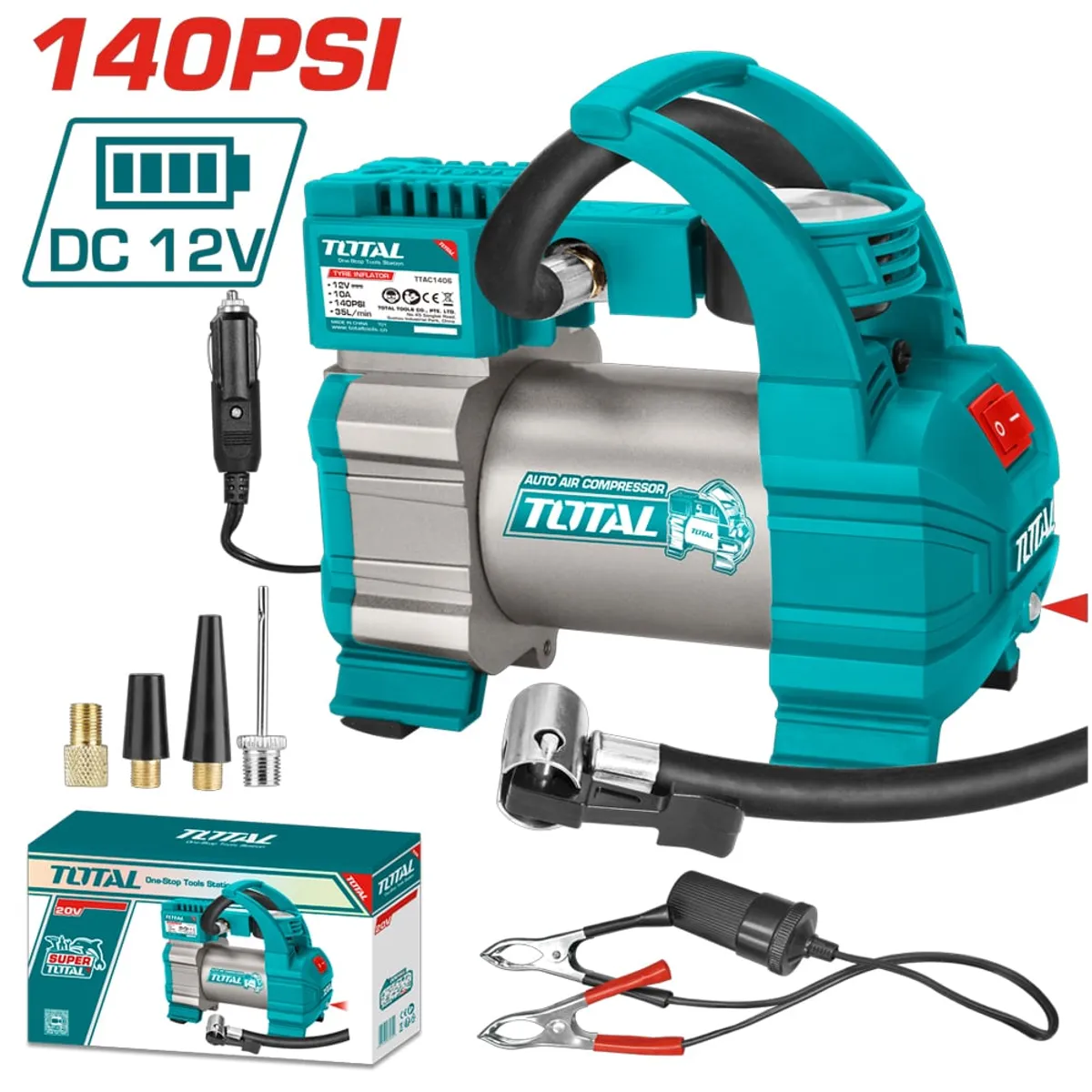 TOTAL TOOLS - mini compresor de aire para auto TOTAL 12V 140 PSI inflador