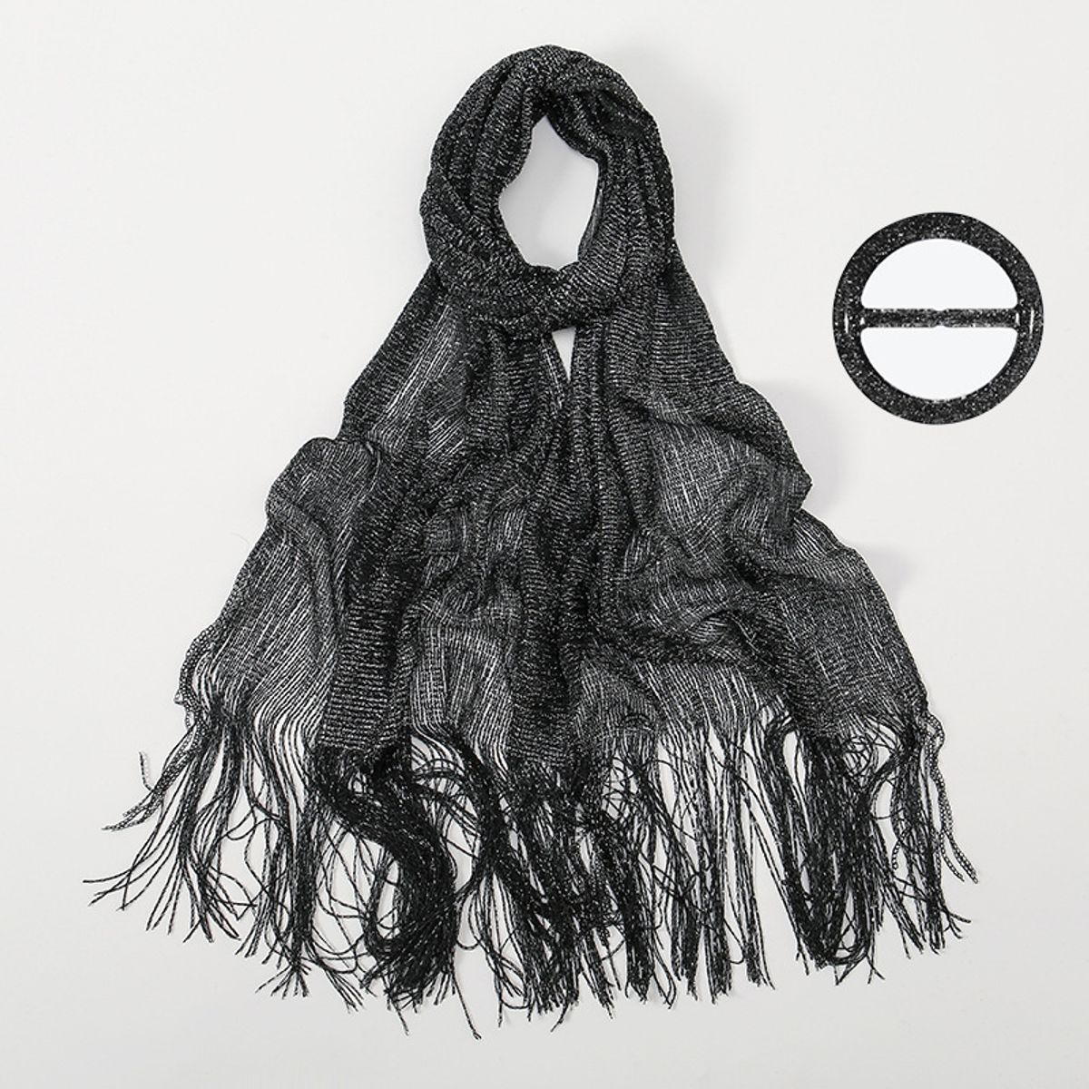 KAST PE - Chal Serena Regulable Negro con Brillos con Flecos de Hilo para fiesta