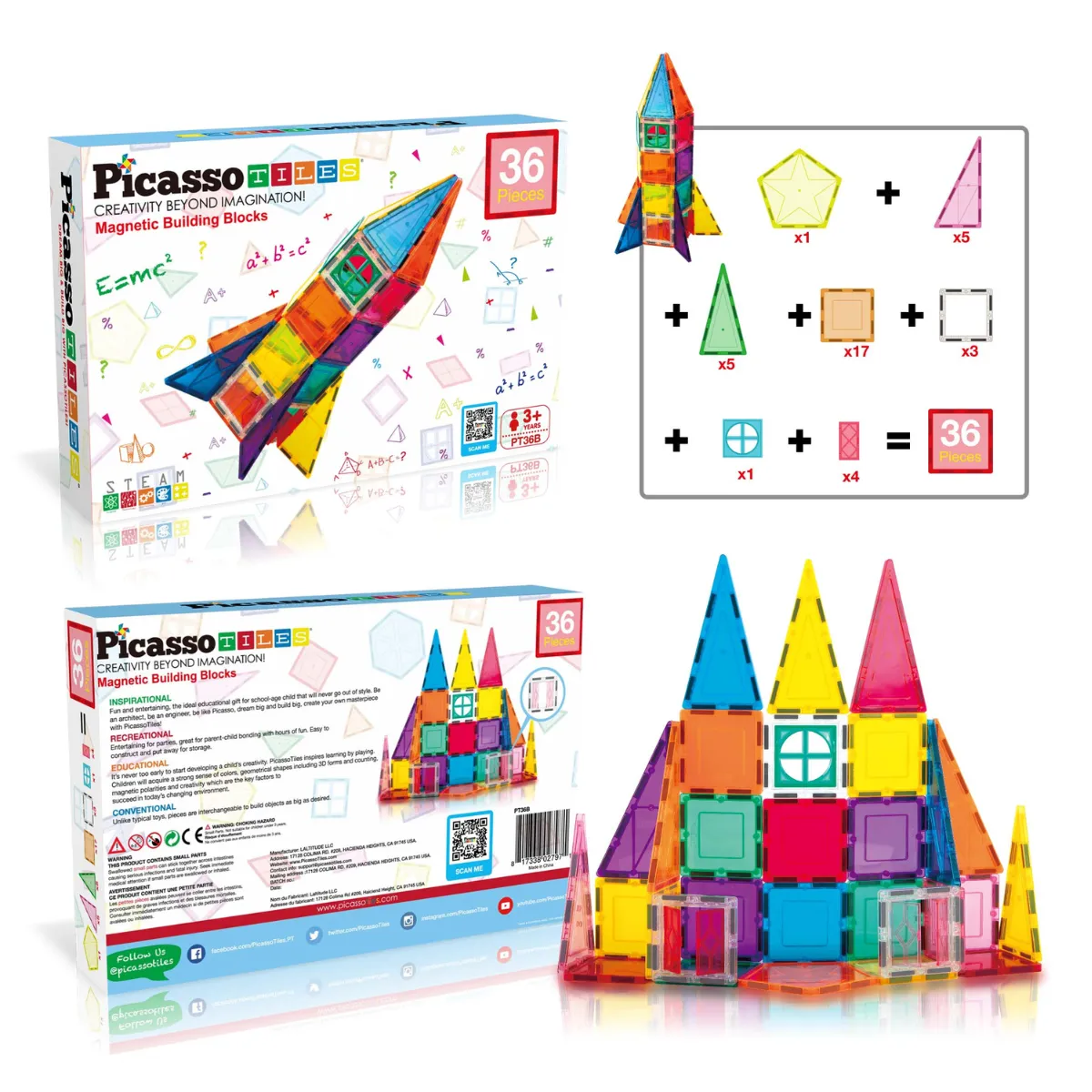 PICASSO TILES - Juego de Bloques de Construcción Magnéticos modelo Cohete de 36 piezas