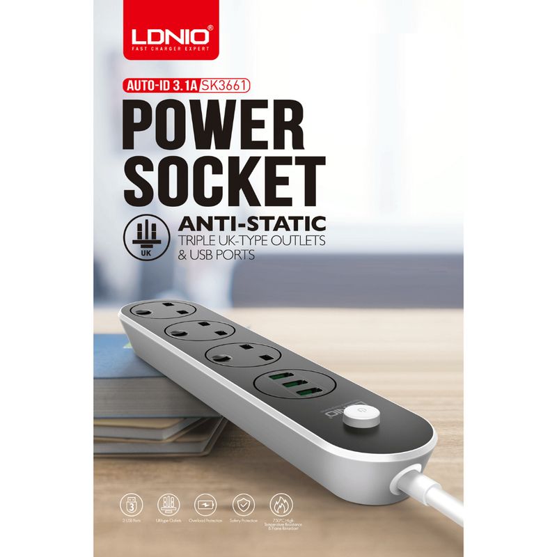 LDNIO - Supresor de Picos LDNIO SC3301 3Salidas 3Puertps USB Carga Rapida 31A