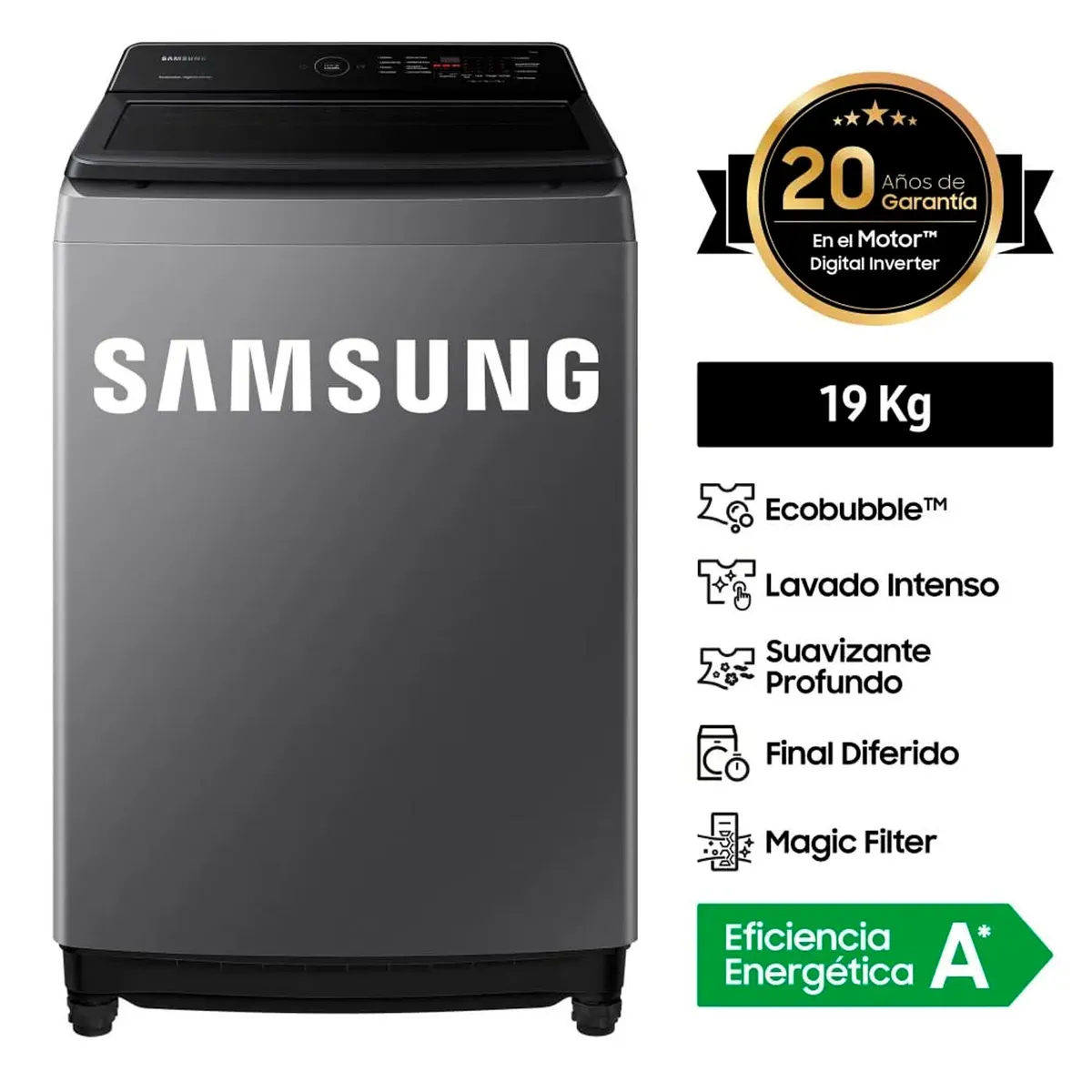 SAMSUNG - LAVADORA SAMSUNG 19 KG CARGA SUPERIOR ECOBUBBLE WA19CG6441BDPE GRIS OSCURO
