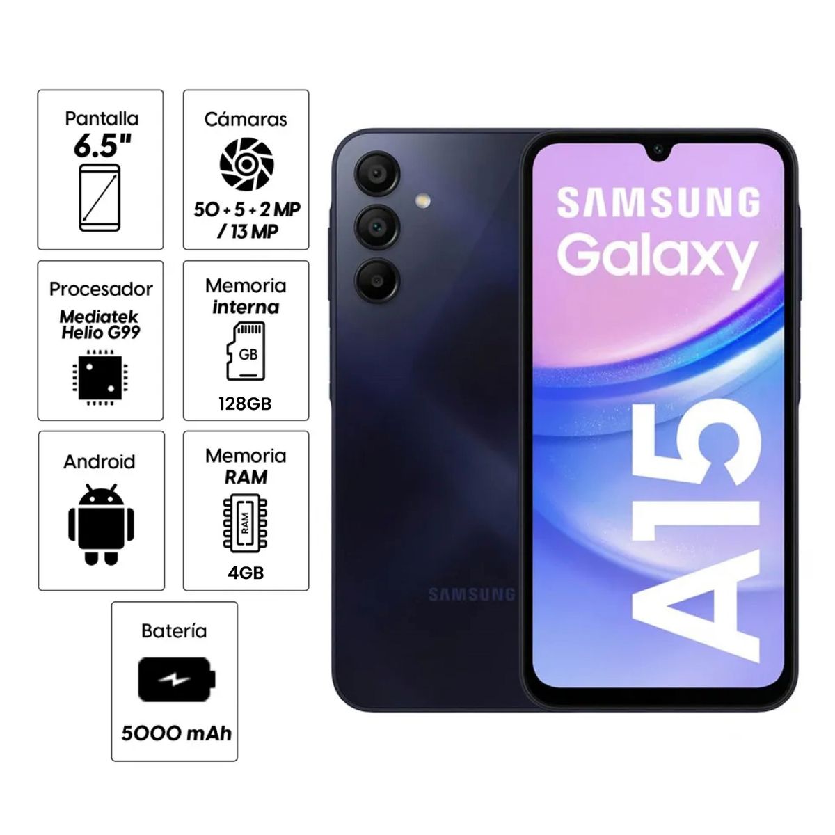 SAMSUNG - Celular Samsung Galaxy A15 128GB 4GB ram 50MP + 5MP + 2MP frontal 13MP 65 negro azulado