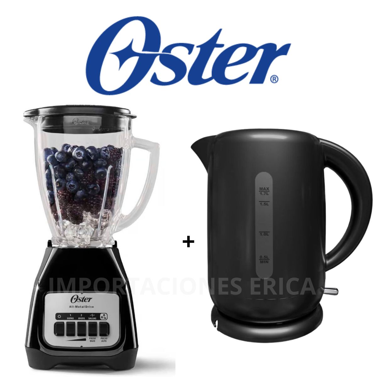 OSTER - Combo Oster licuadora 2 vel negro de 1.5 L+ hervidora negra de 1.7 L
