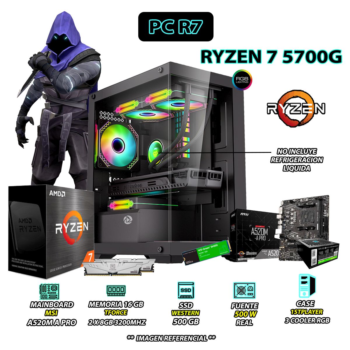 AMD - Computadora PC Ryzen 7 5700G RAM 16GB DISCO 500GB SSD CON GRAFICOS AMD RADEON