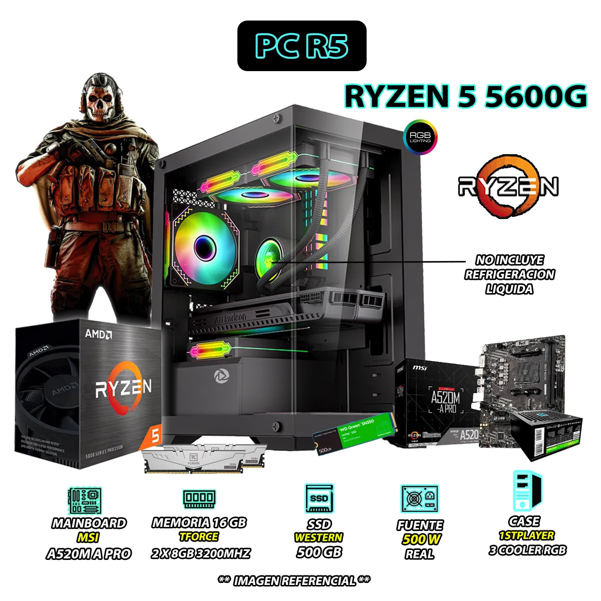 AMD - Computadora PC Ryzen 5 5600G RAM 16GB DISCO 500GB SSD CON GRAFICOS AMD RADEON