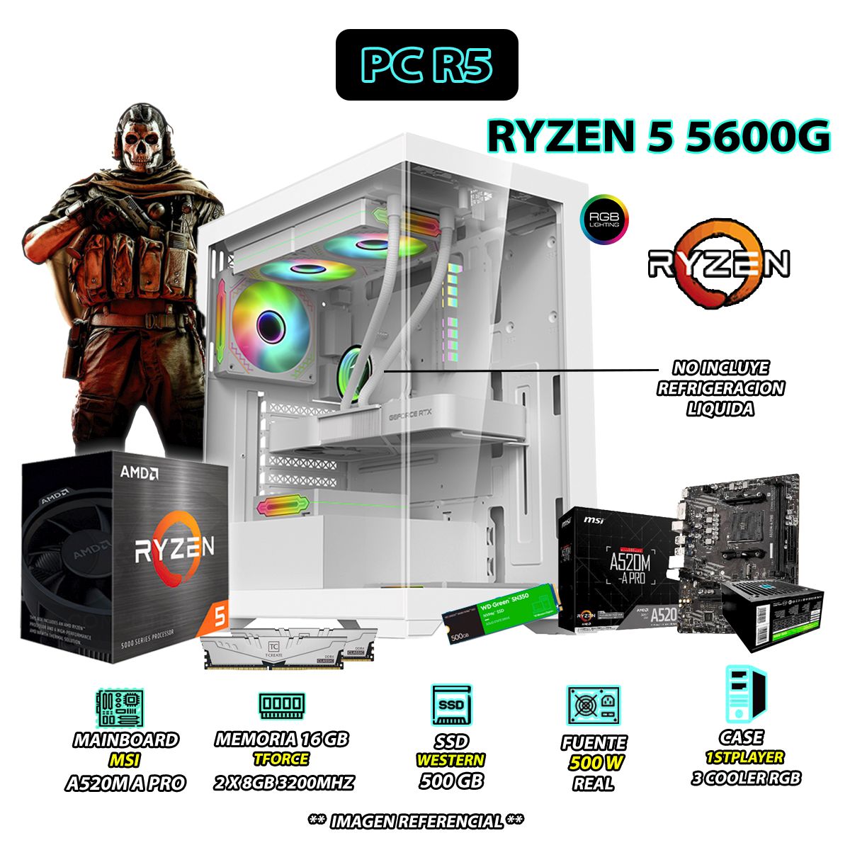 AMD - Computadora PC Ryzen 5 5600G RAM 16GB DISCO 500GB SSD CON GRAFICOS AMD RADEON