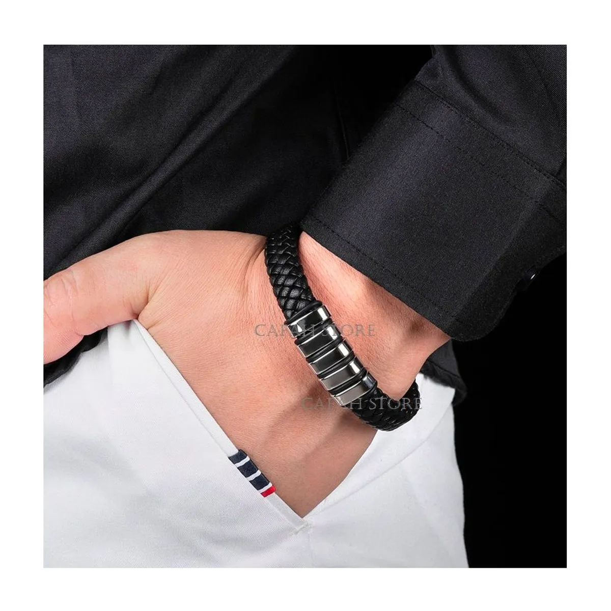 OEM - Pulsera Hombre Cuero Trenzado Franjas Acero Inoxidable 316L