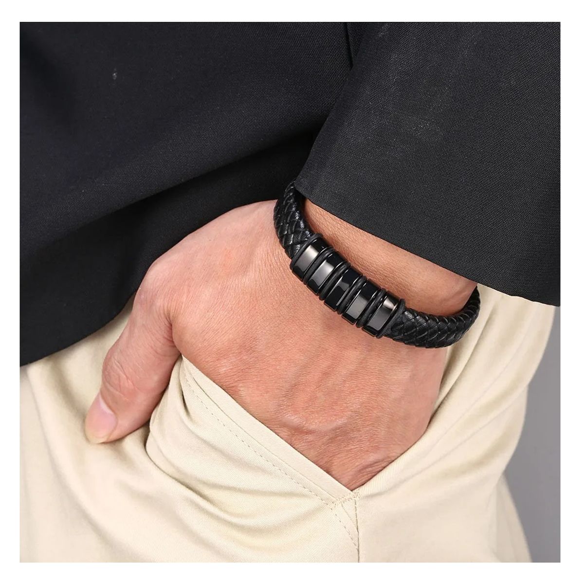 OEM - Pulsera Hombre Cuero Trenzado Franjas Acero Inoxidable 316L