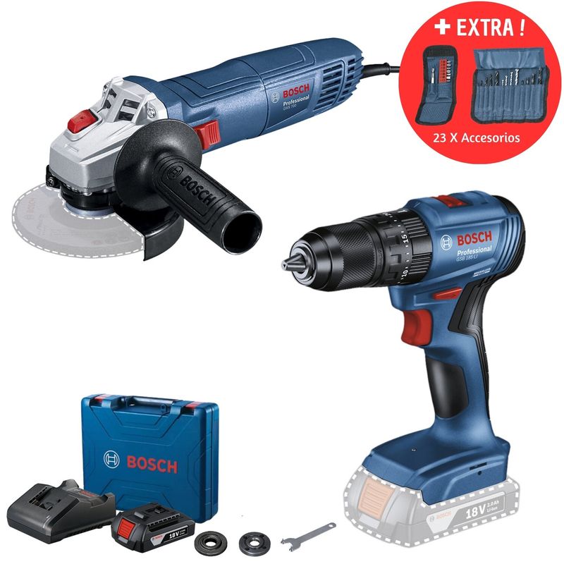 BOSCH - Combo Taladro atornillador Inalámbrico GSB 185-LI +1Bat + Amoladora 710W GSW 700 +23 acc